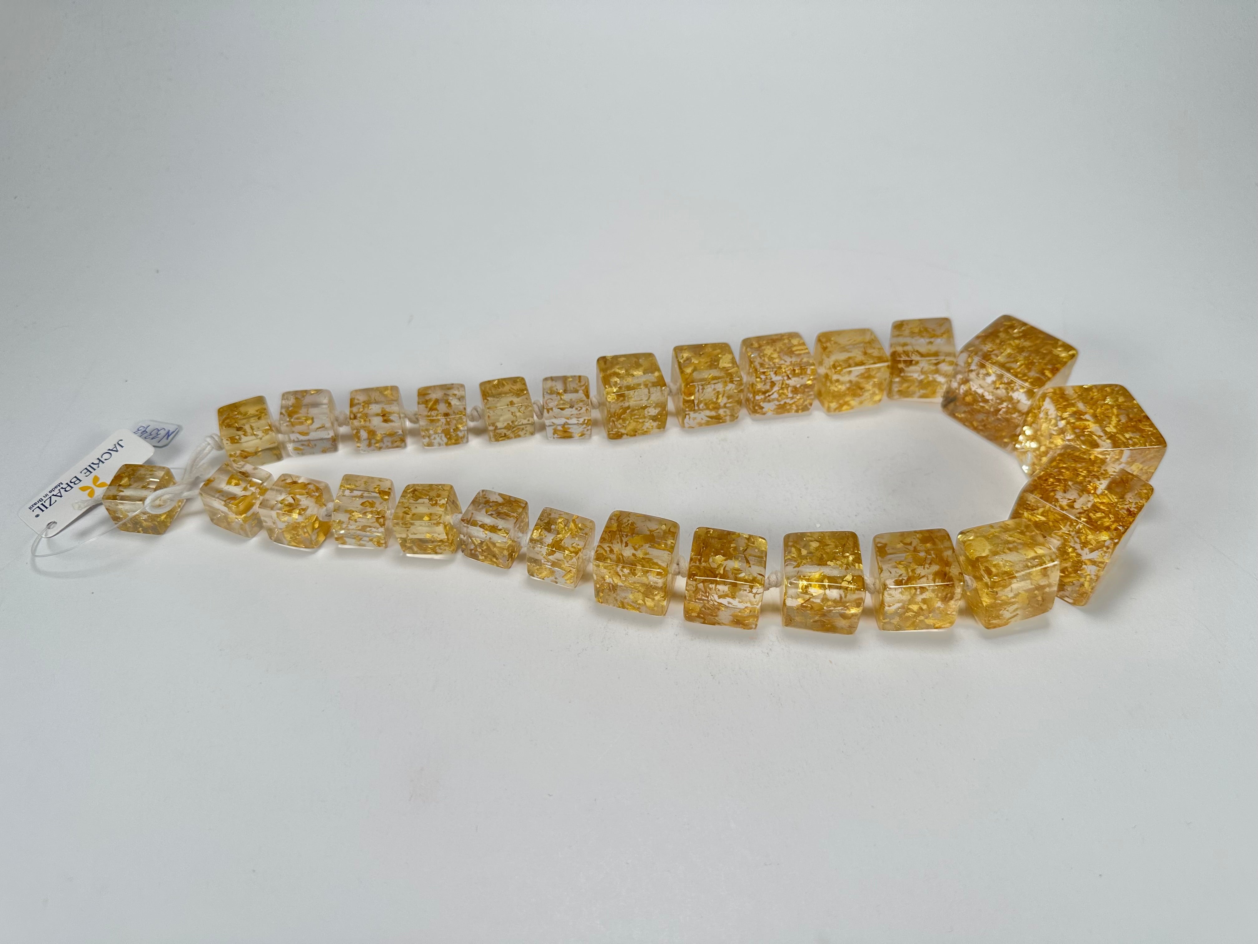 Jackie Brazil "Gold Flakes" Mix Size Liquorice Cubes Resin Necklace ( N3343 )