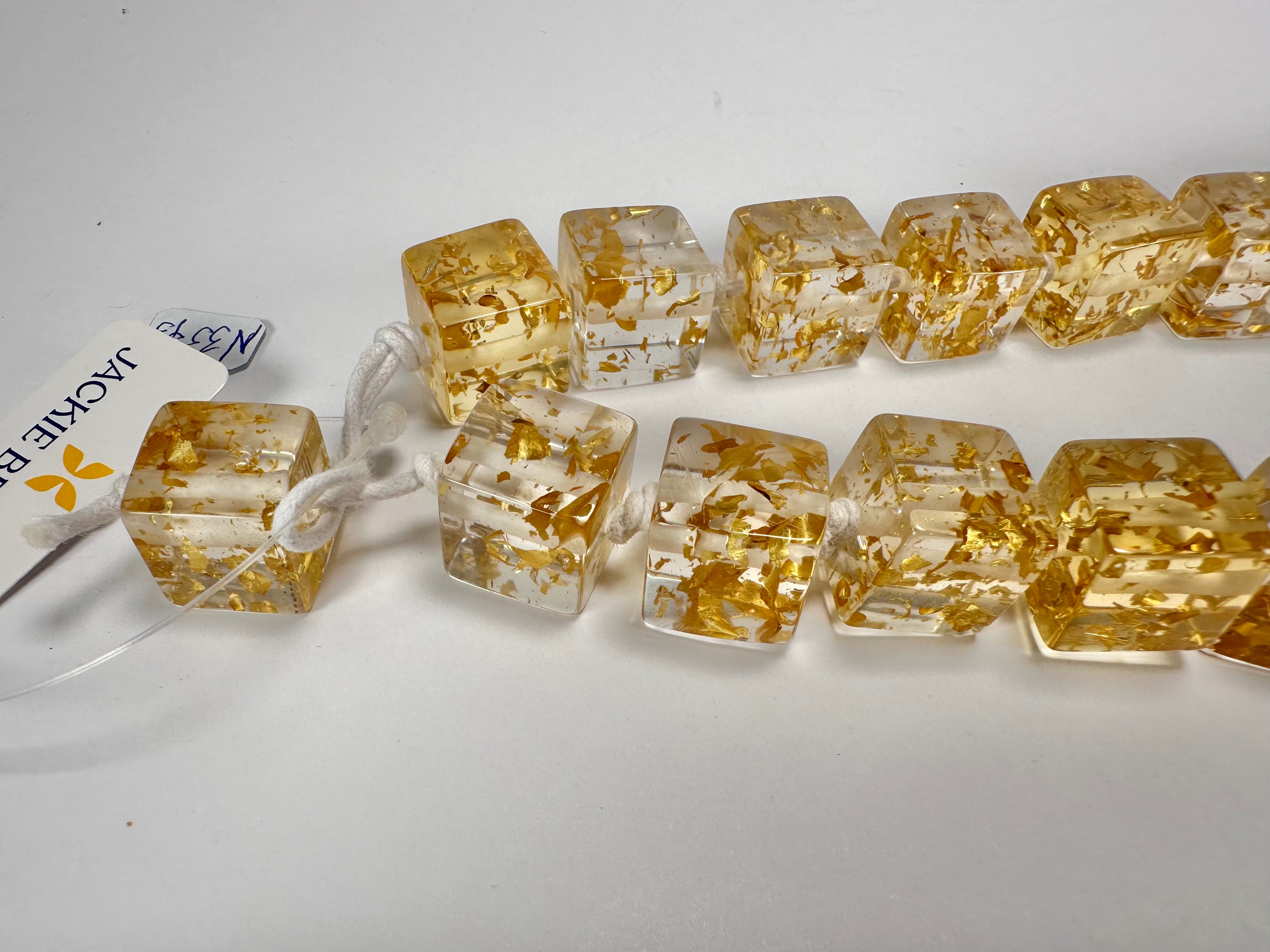 Jackie Brazil "Gold Flakes" Mix Size Liquorice Cubes Resin Necklace ( N3343 )
