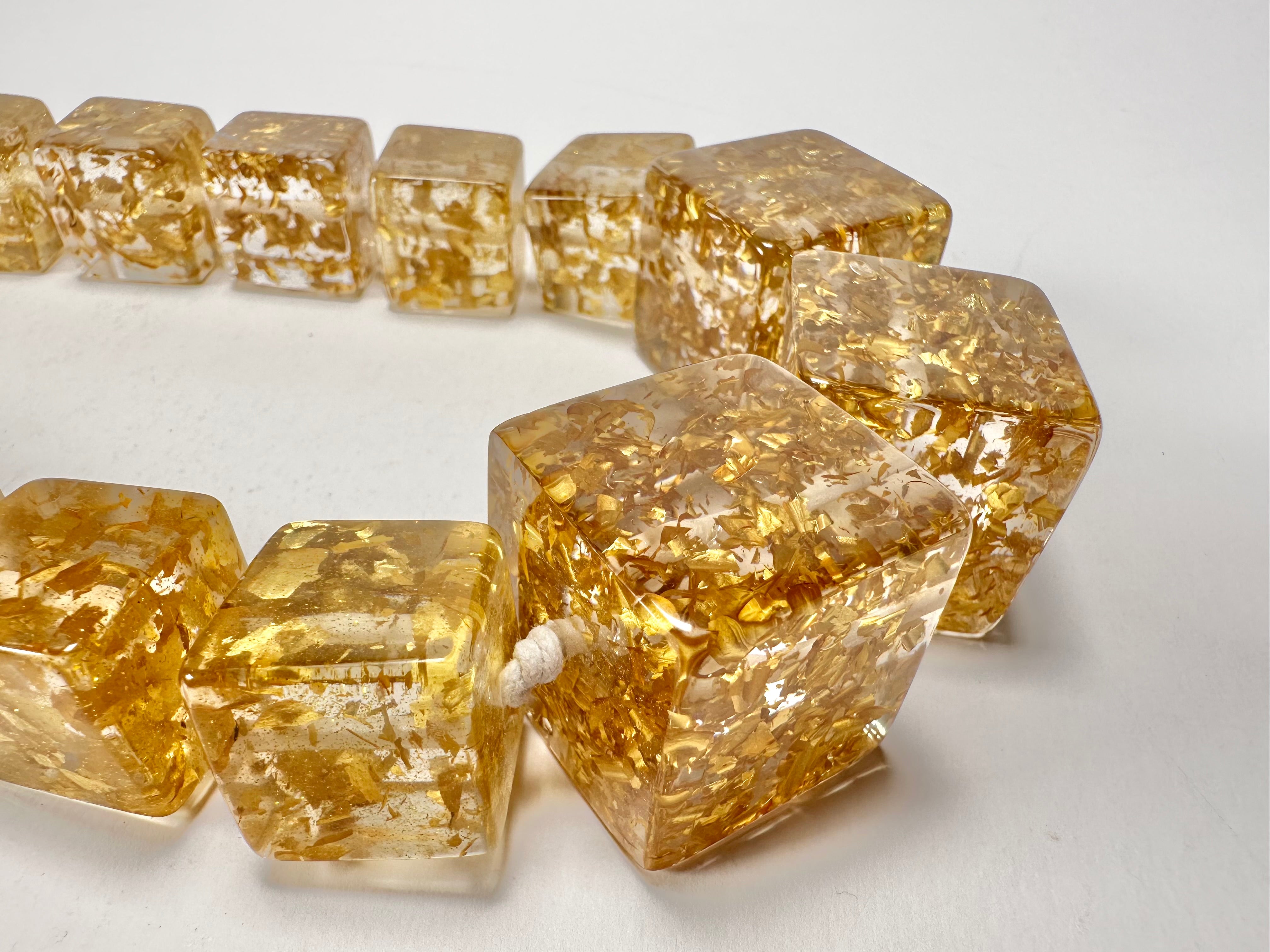 Jackie Brazil "Gold Flakes" Mix Size Liquorice Cubes Resin Necklace ( N3343 )