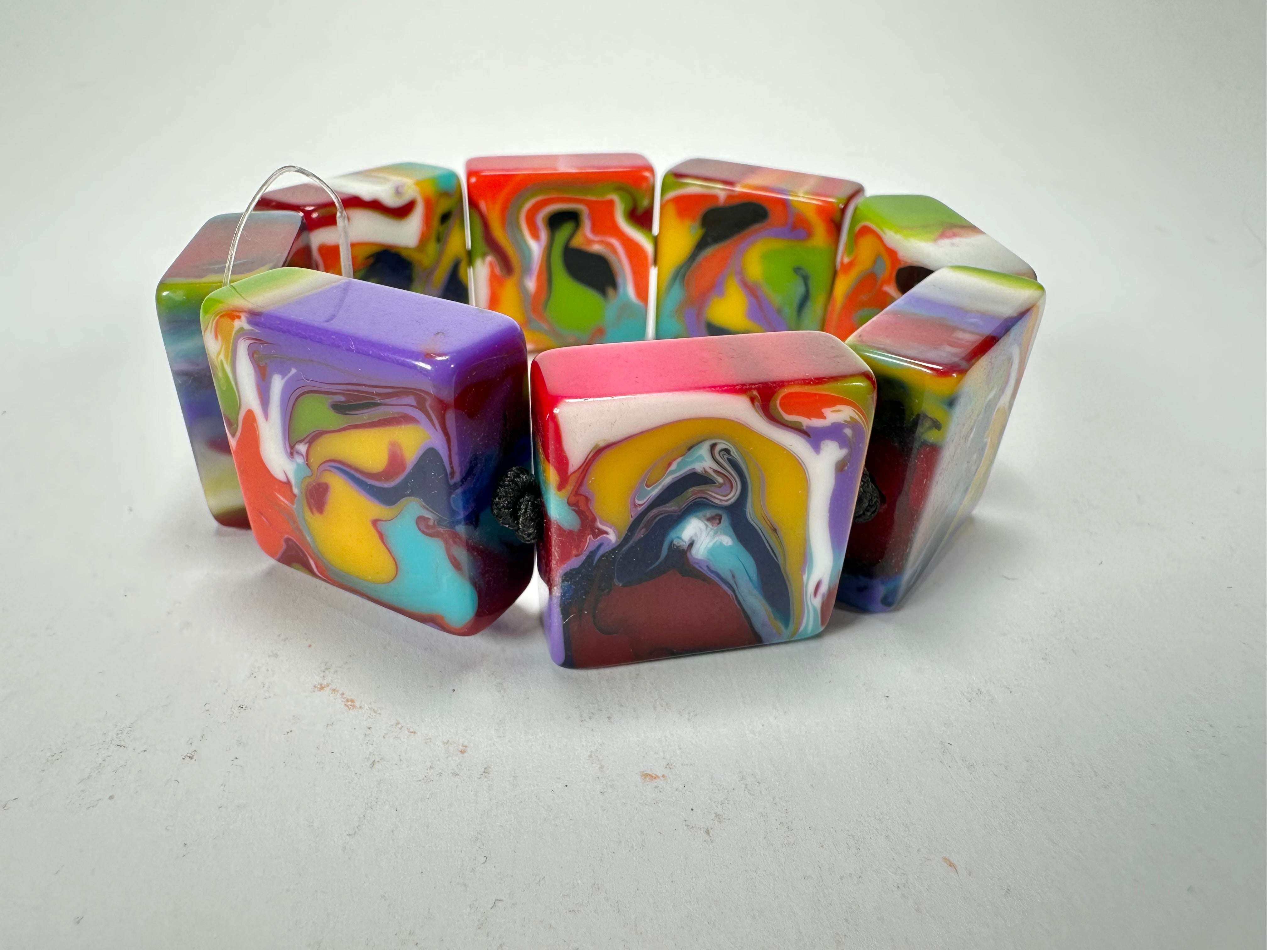 Jackie Brazil "Gala" Kandinsky Liquorice Half Rectangles On Elastic Bracelet ( B0778 )