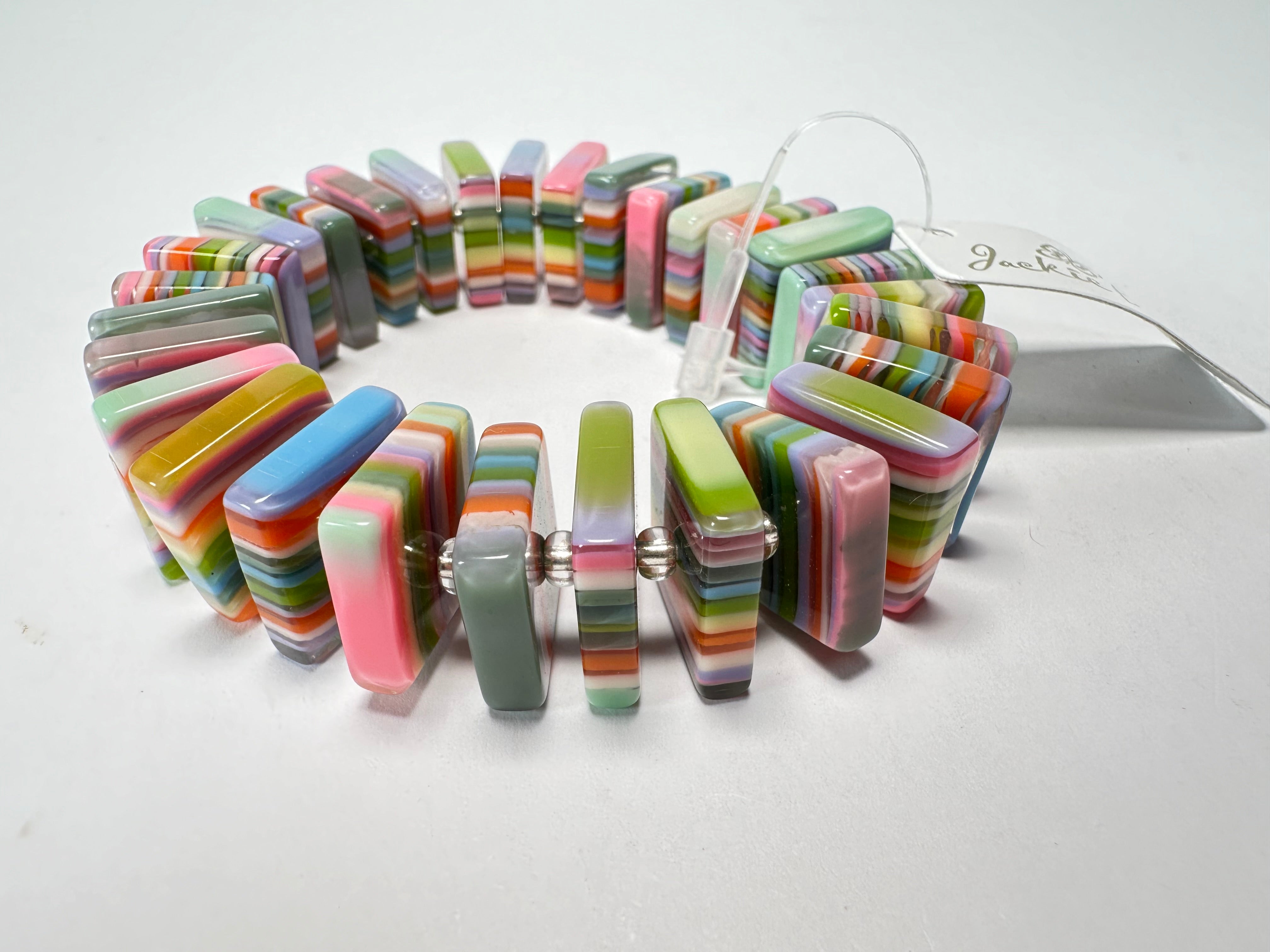 Jackie Brazil "Patricia" Liquorice Squares & Beads Spring Colour Resin Bracelet ( B0192 )