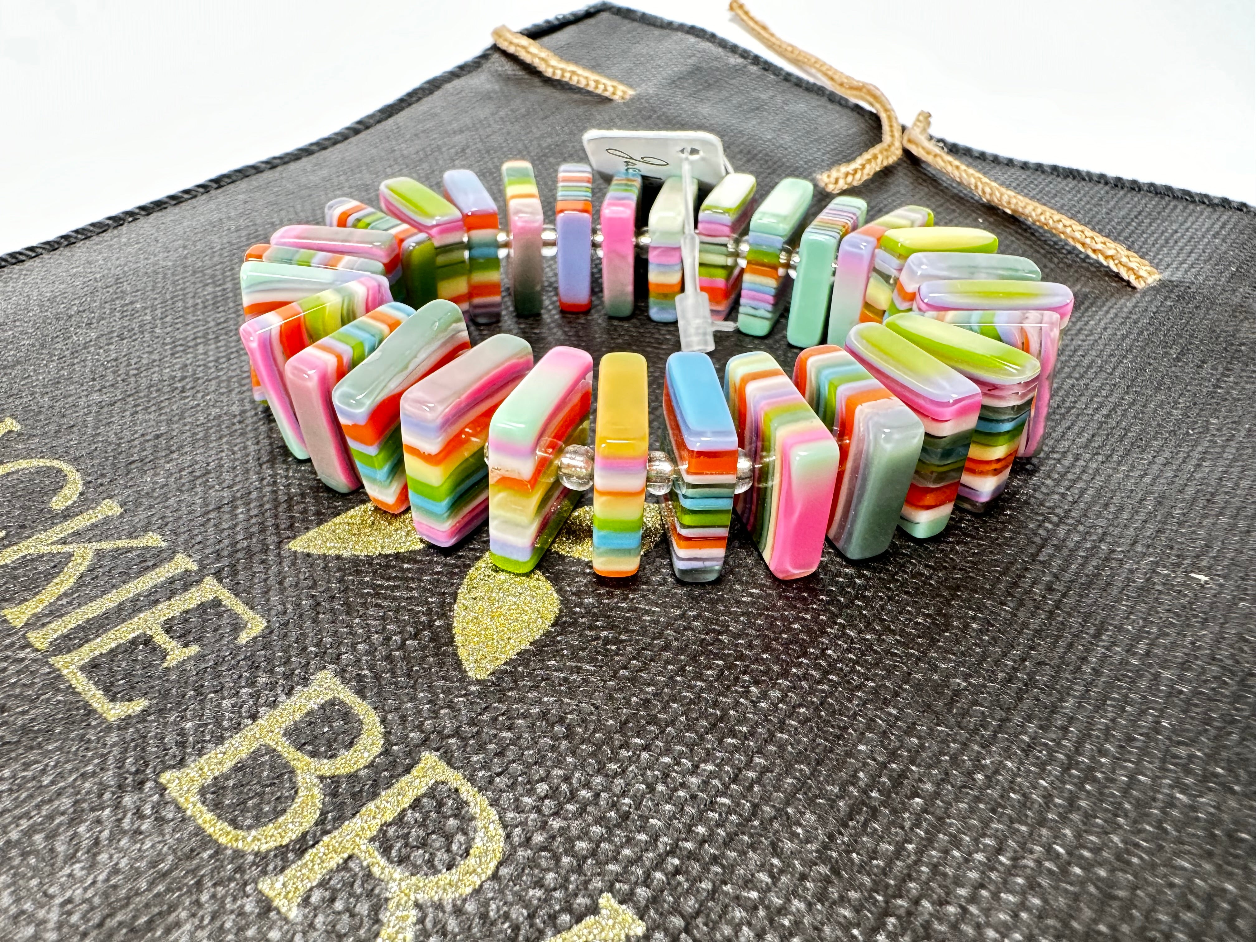 Jackie Brazil "Patricia" Liquorice Squares & Beads Spring Colour Resin Bracelet ( B0192 )