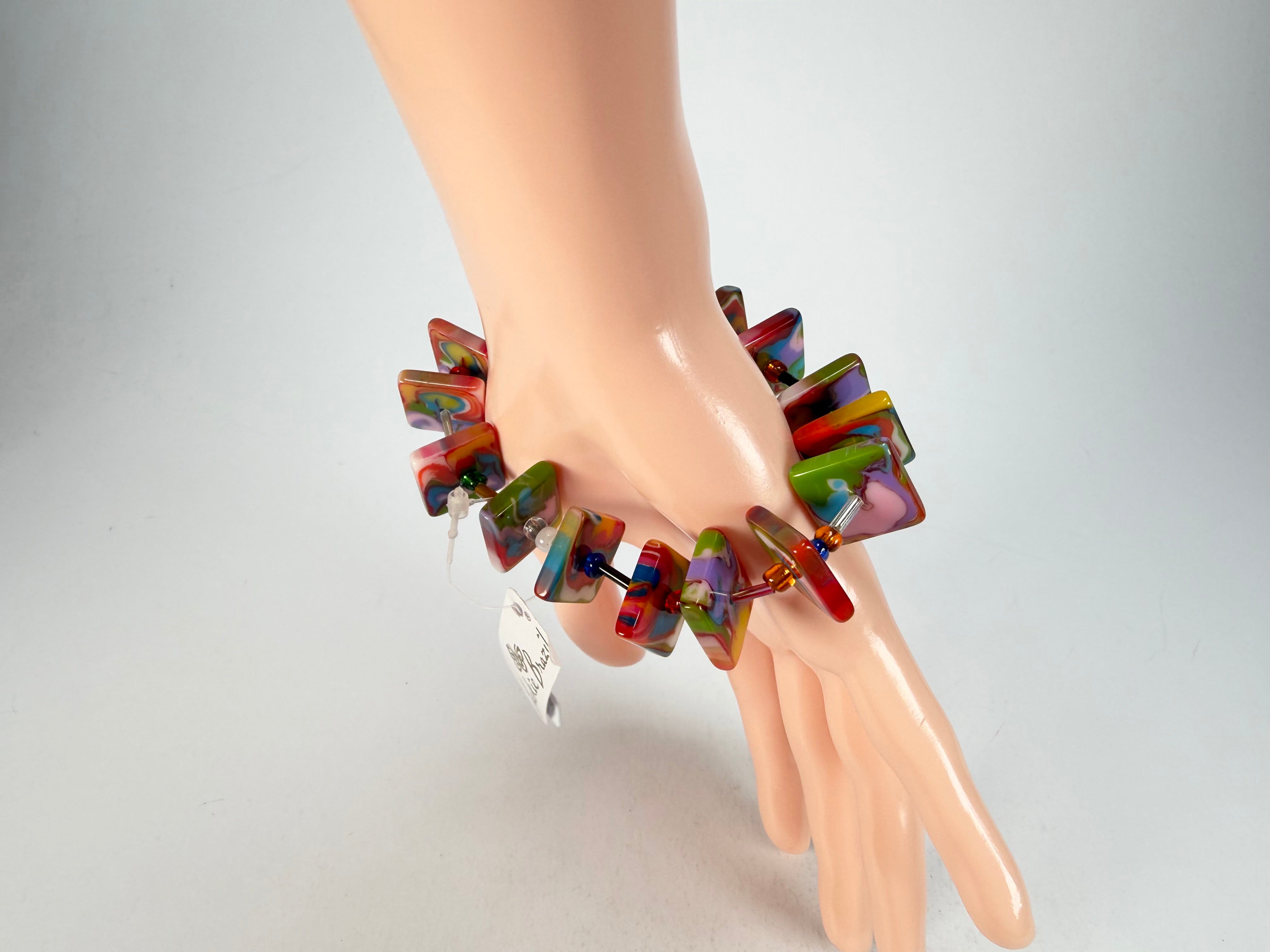 Jackie Brazil "Africa" Kandinsky Liquorice Squares & Beads Resin Bracelet ( B0189 )