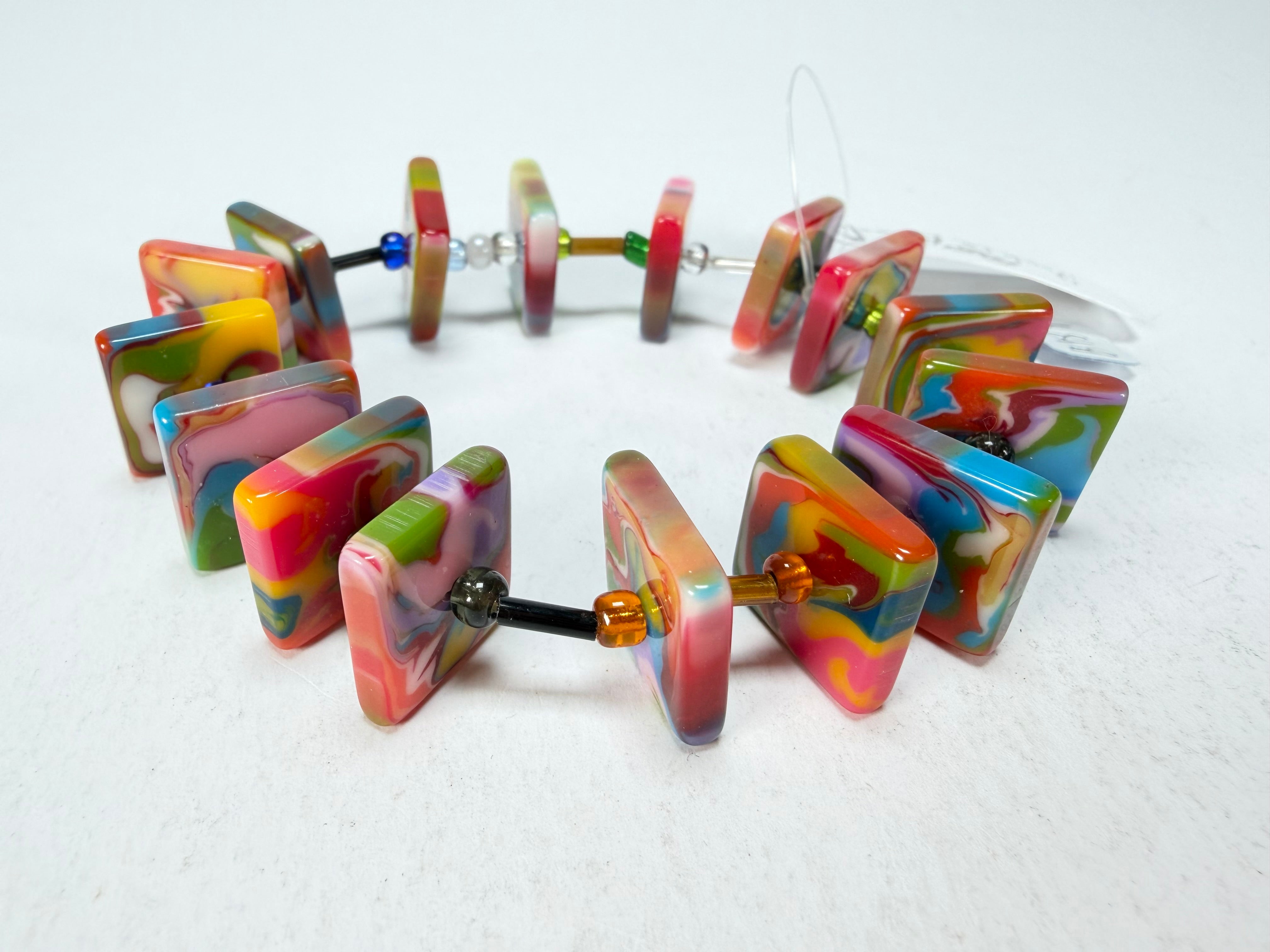 Jackie Brazil "Africa" Kandinsky Liquorice Squares & Beads Resin Bracelet ( B0189 )