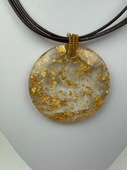 Jackie Brazil "Gold Flakes" Large Disk On Three Cords Resin Necklace ( N3800 )