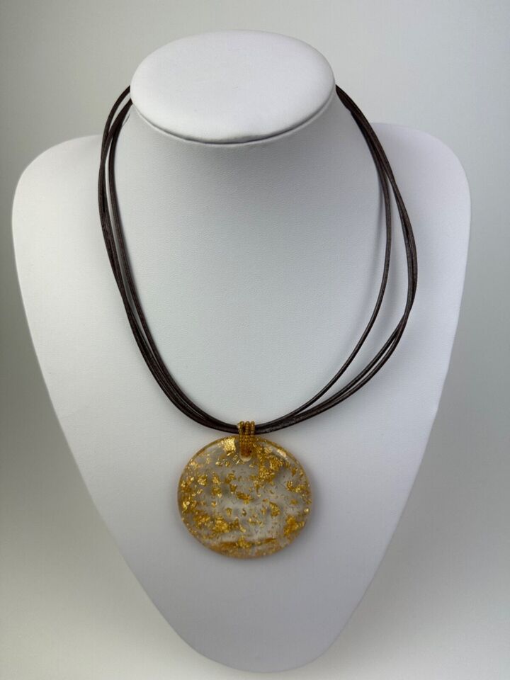 Jackie Brazil "Gold Flakes" Large Disk On Three Cords Resin Necklace ( N3800 )