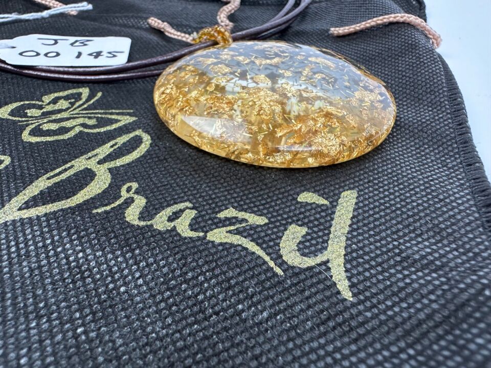 Jackie Brazil "Gold Flakes" Large Disk On Three Cords Resin Necklace ( N3800 )