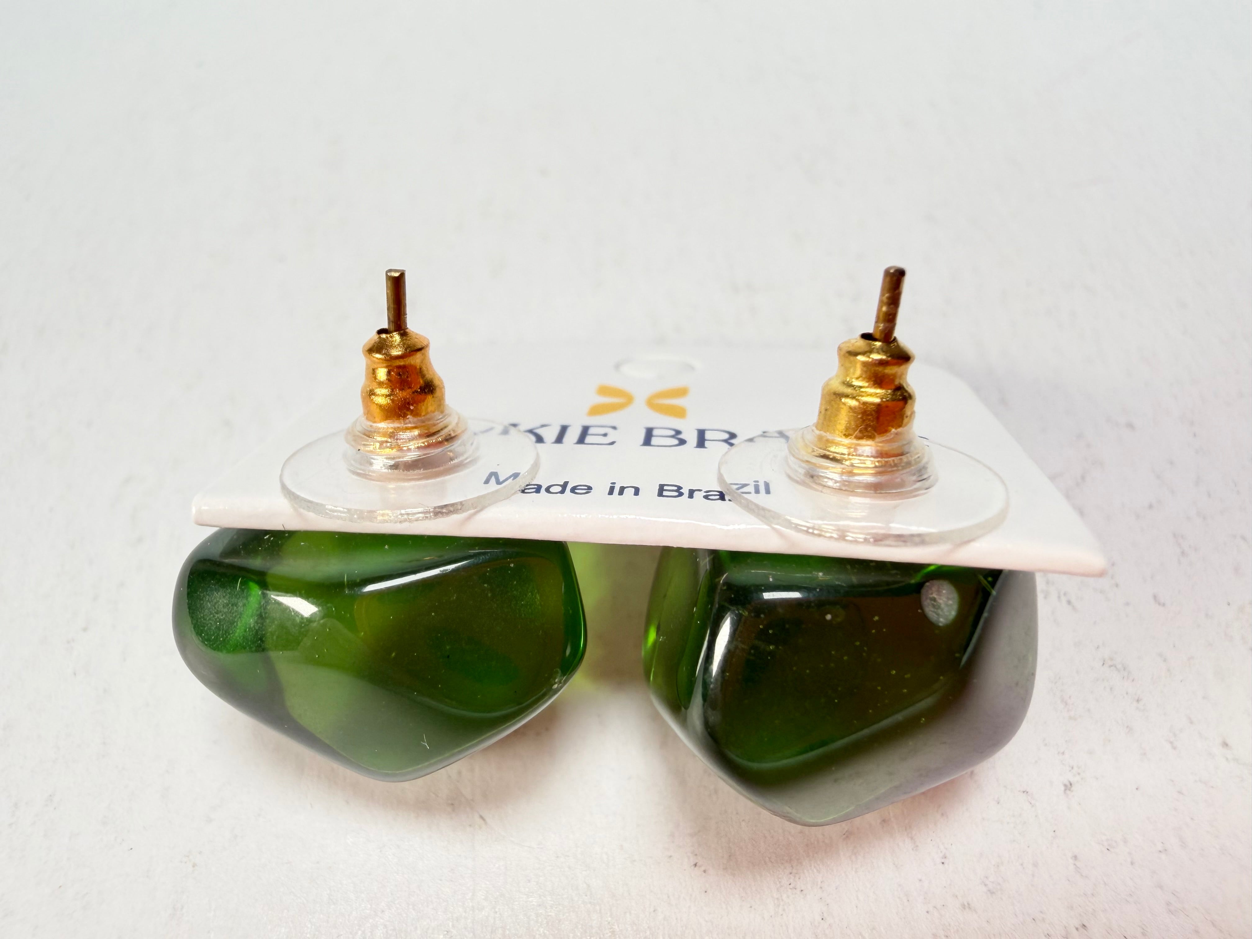 Jackie Brazil "Camille" Dark Green Transparent Abstract Resin Earrings ( E1053 )