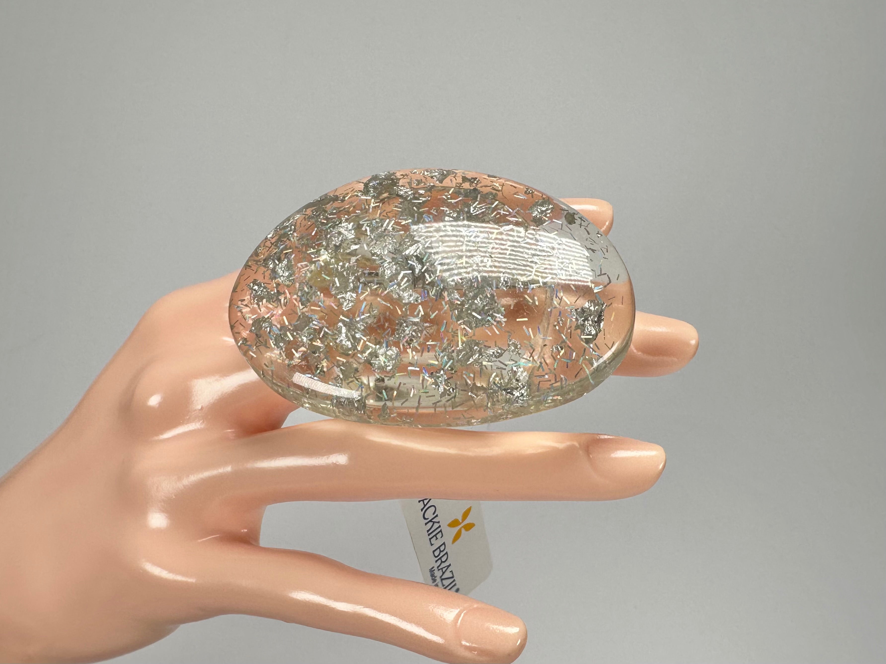 Jackie Brazil "Large Riverstone" Silver Flakes Flat Oval Ring ( R3625 ) Size UK-O / US-7