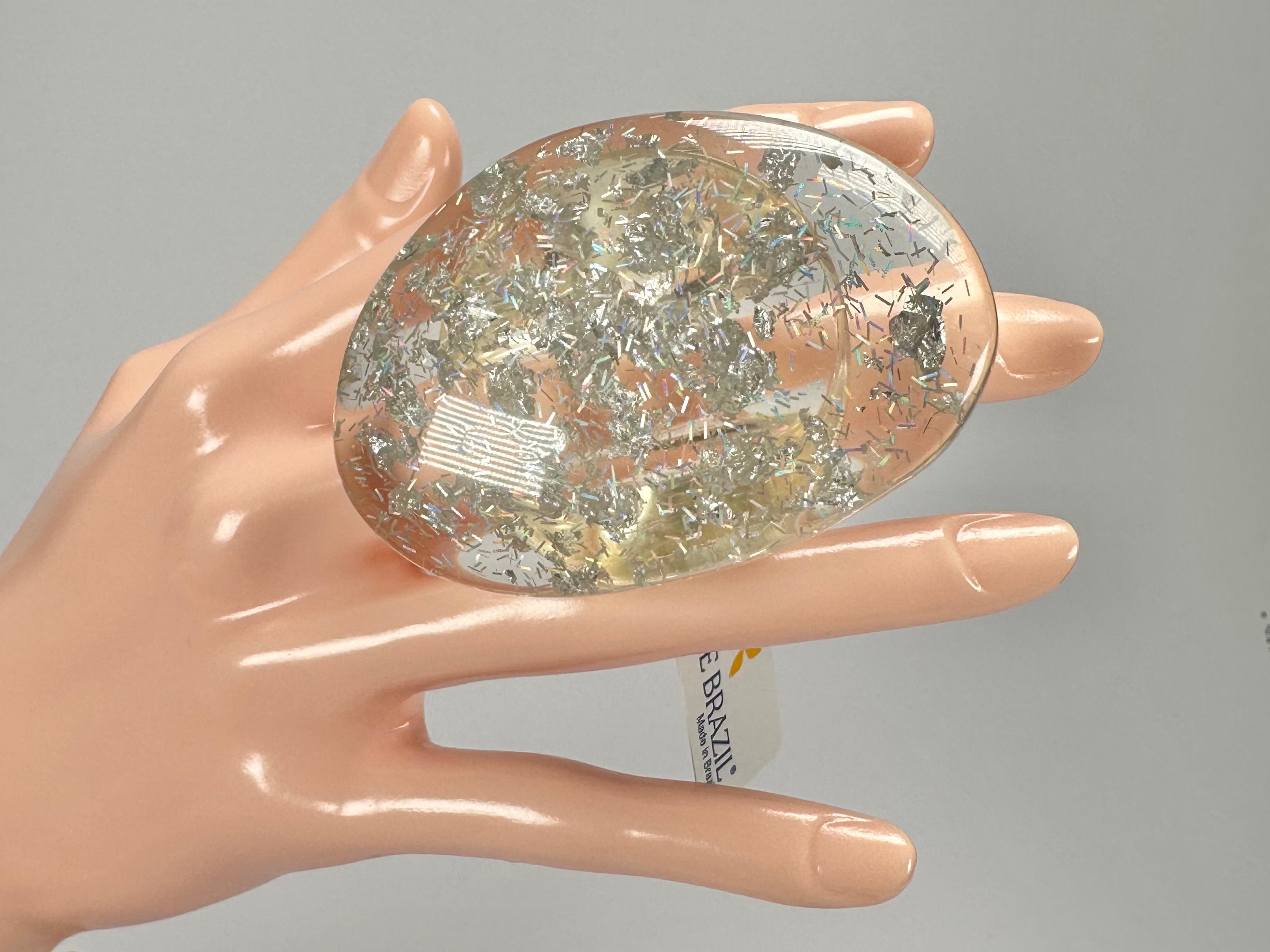 Jackie Brazil "Large Riverstone" Silver Flakes Flat Oval Ring ( R3625 ) Size UK-O / US-7