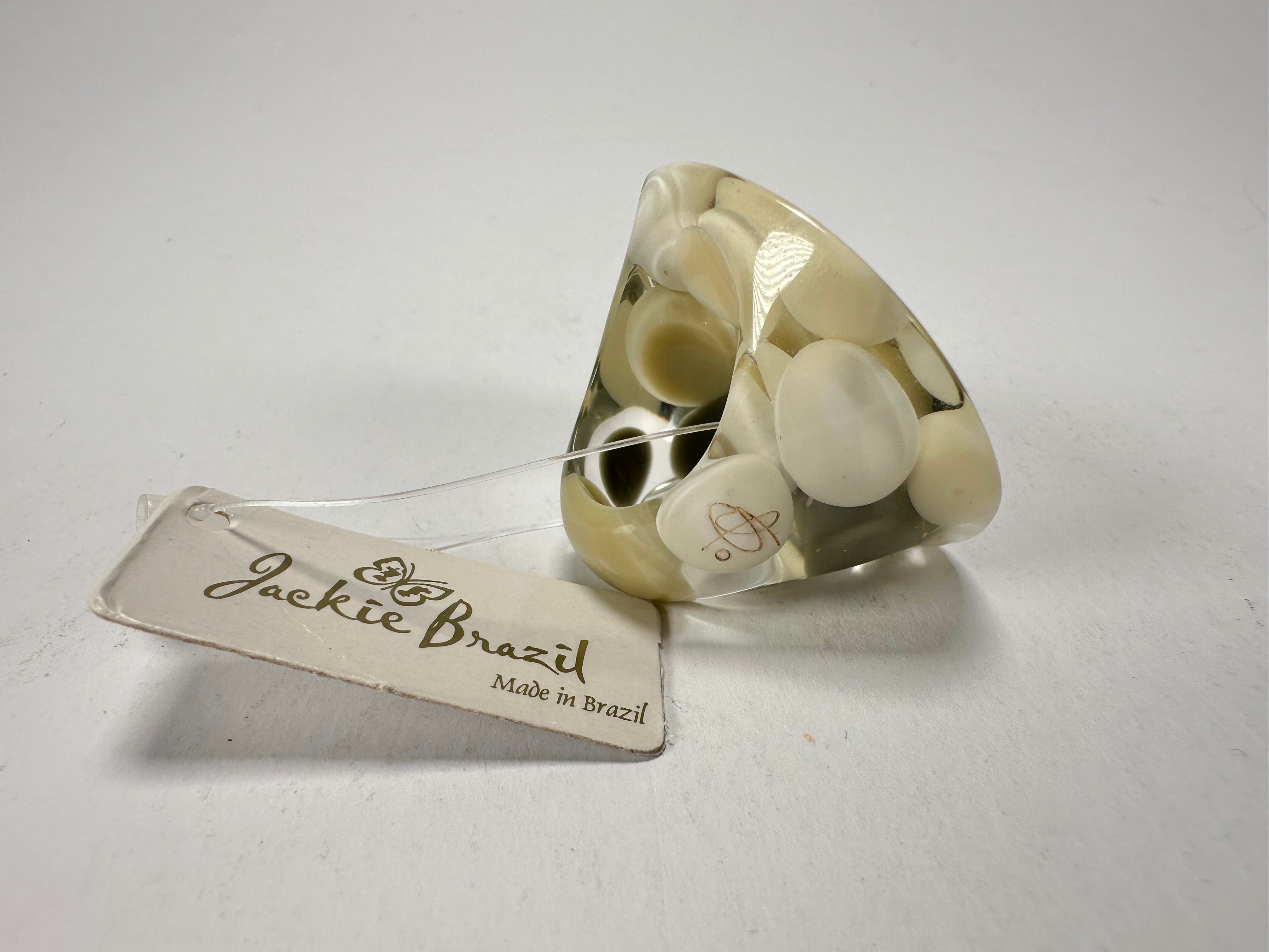 Jackie Brazil "Acrobatic" Flat Round Petite Cream Mix Balls Spots Resin Ring ( R2536 ) Size UK O / US 7.5