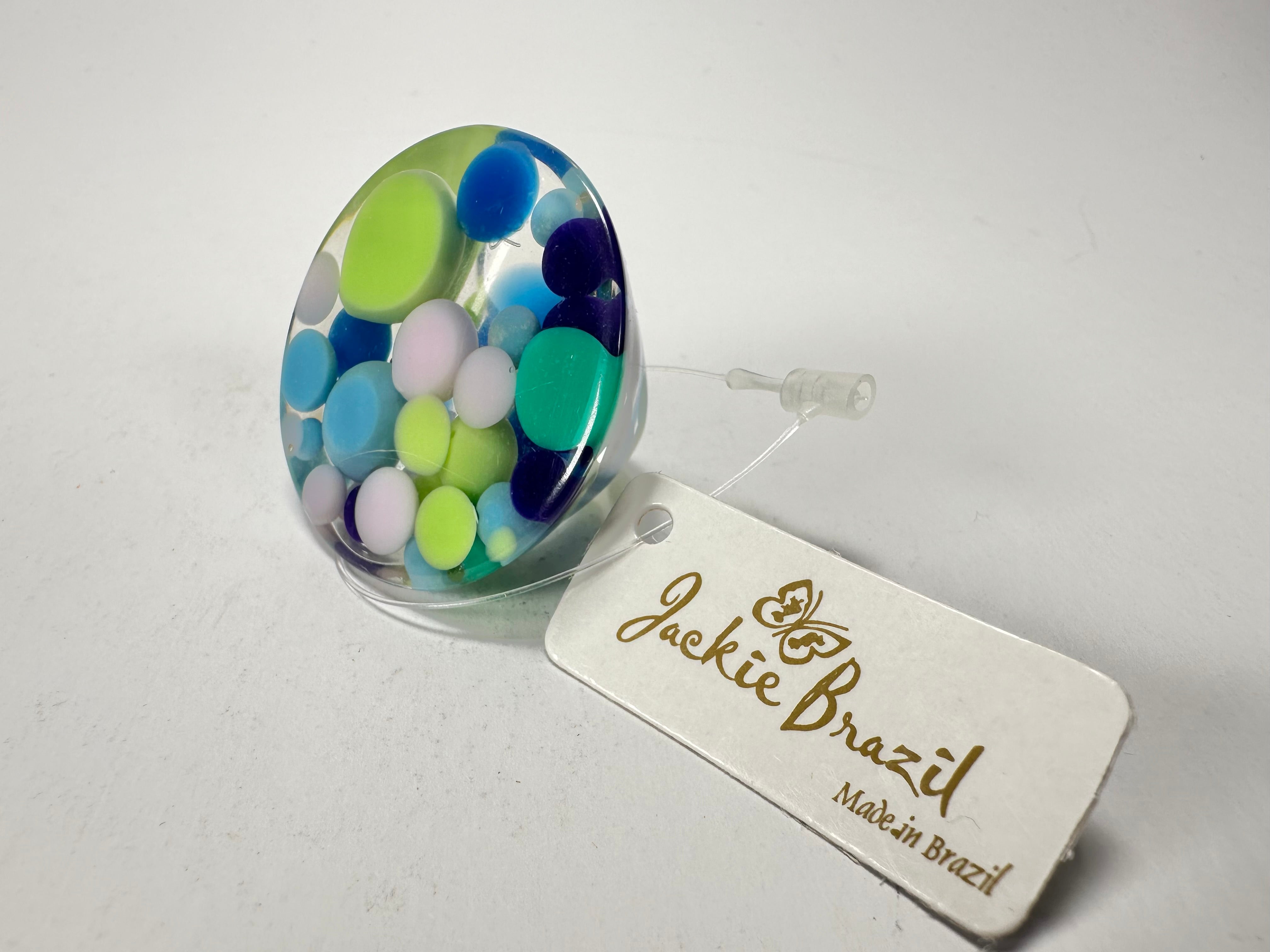 Jackie Brazil "Acrobatic" Flat Round Petite Blue Balls Spots Resin Ring ( R2536 ) Size UK P / US 7.5