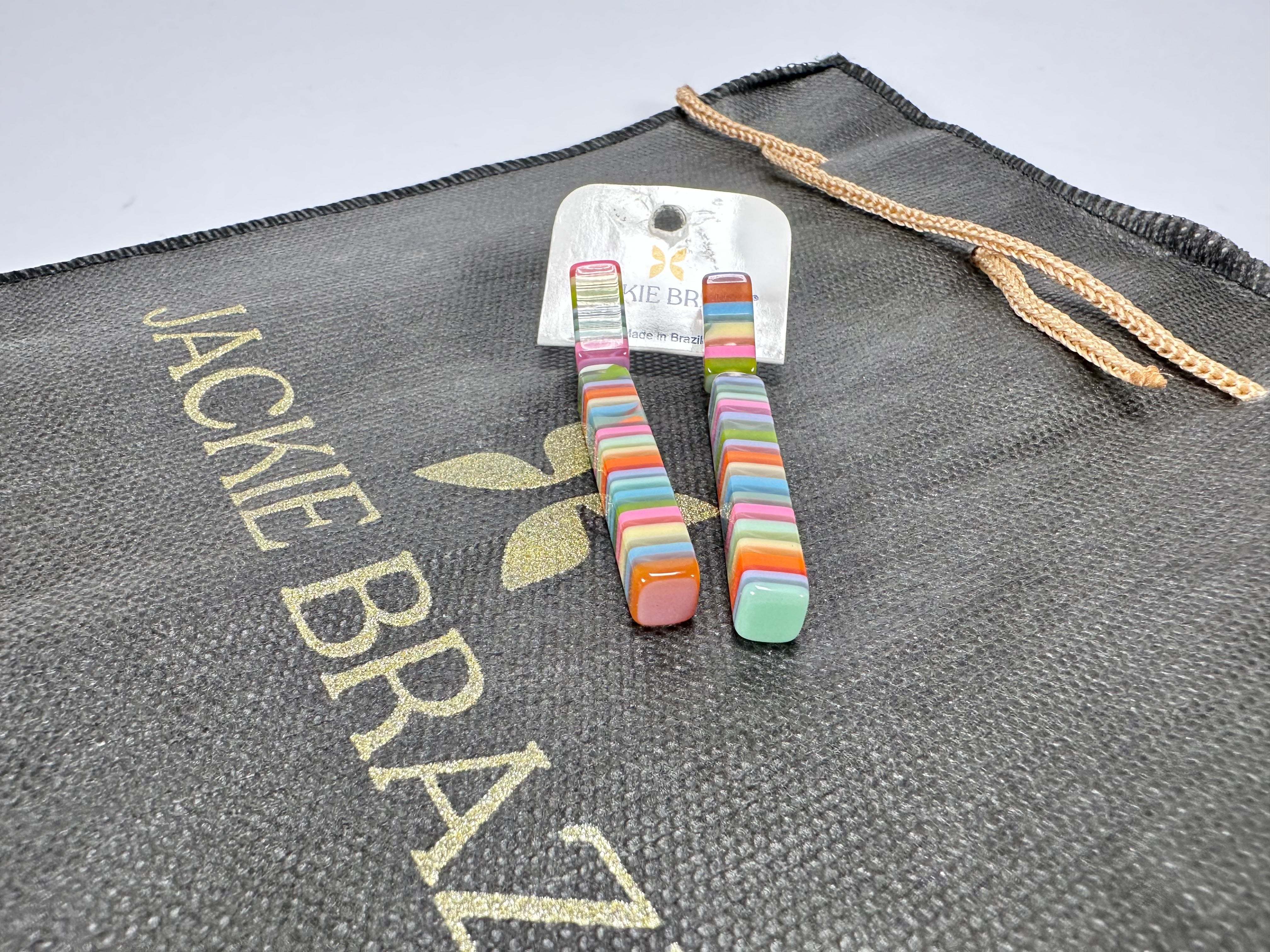 Jackie Brazil "Clarissa" Liquorice Spring Mix Thin Rectangle Resin Earrings ( E2452 )