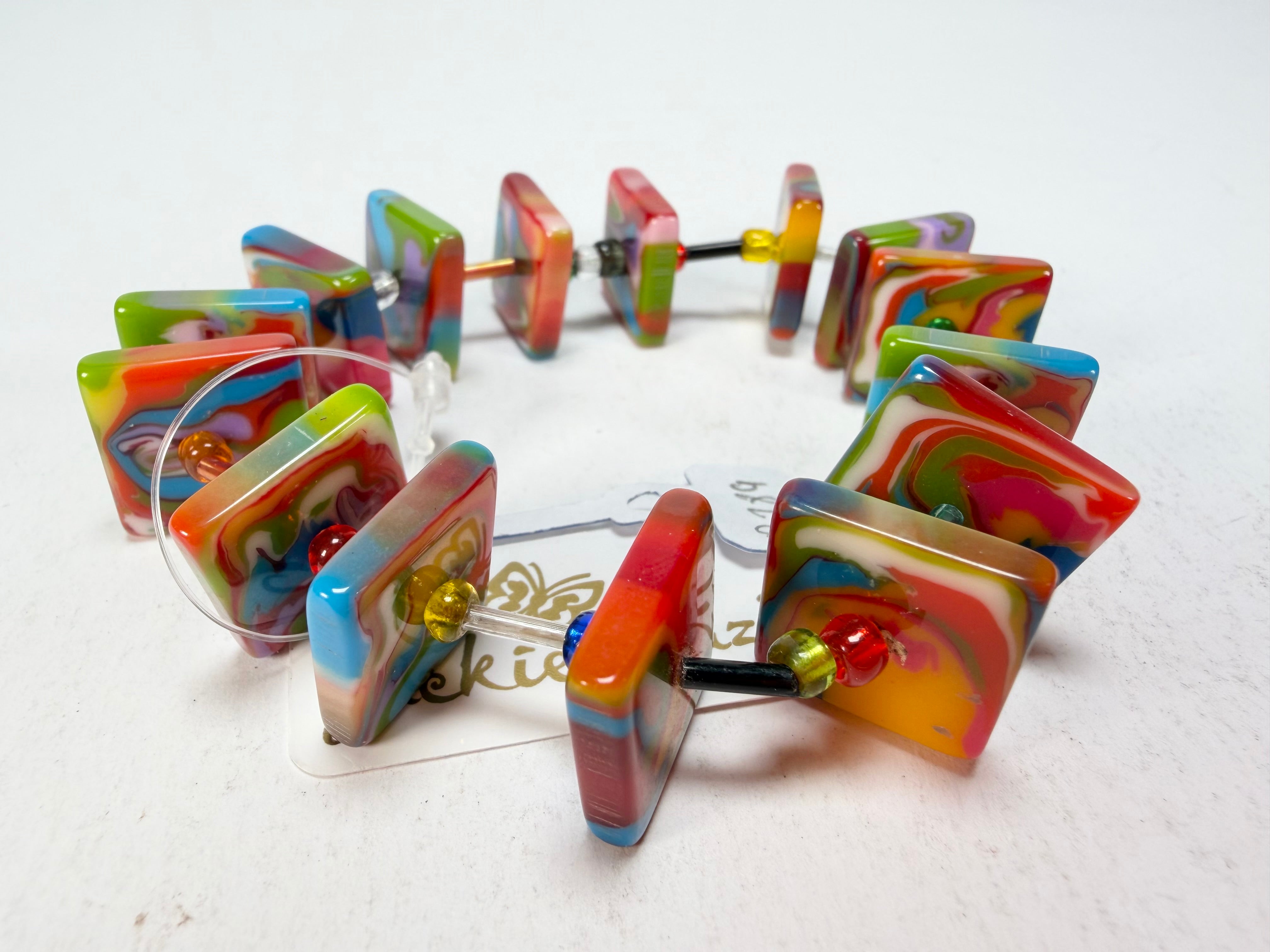 Jackie Brazil "Africa" Kandinsky Liquorice Squares & Beads Resin Bracelet ( B0189 )