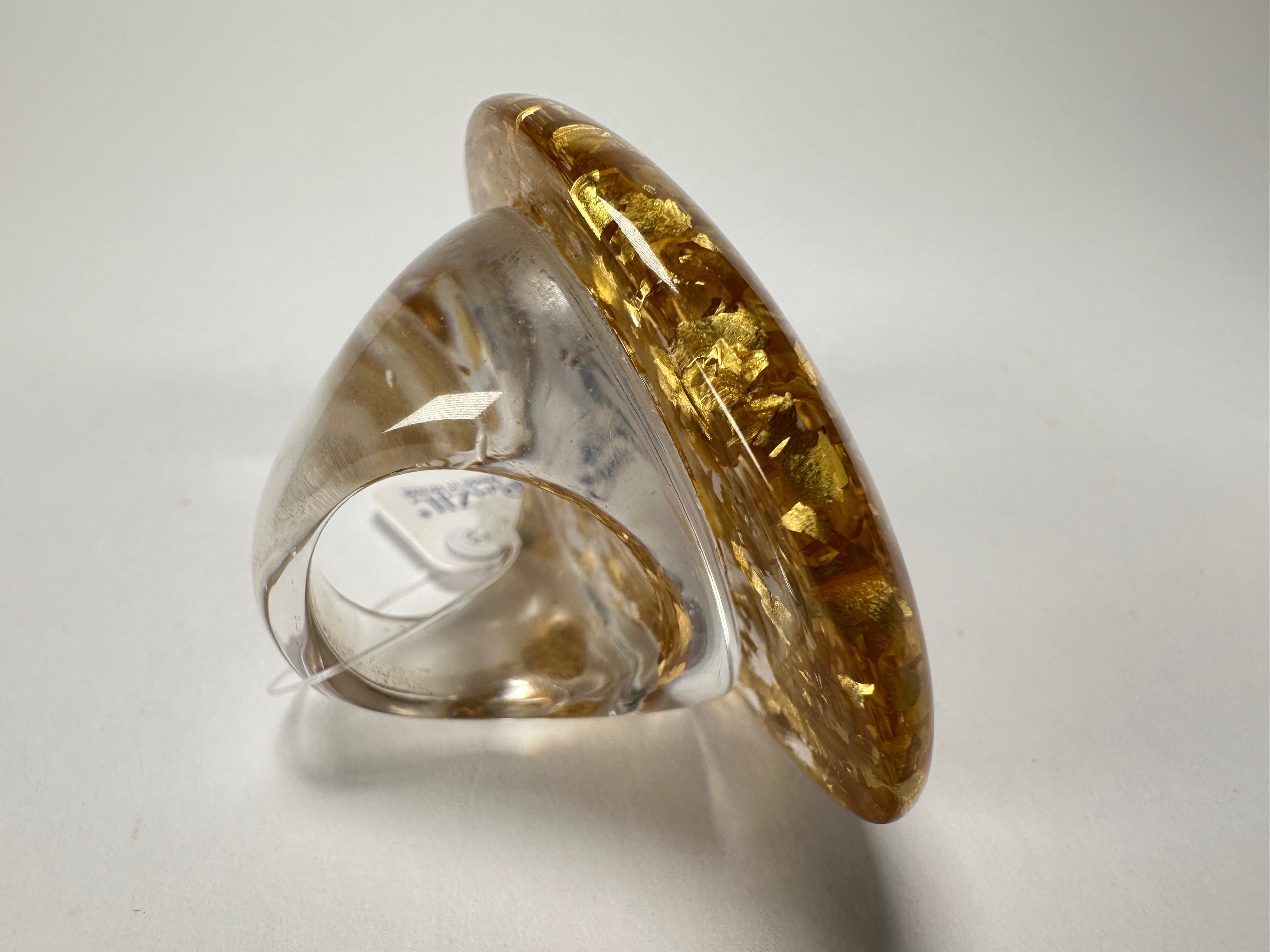 Jackie Brazil "Large Riverstone" Gold Flakes Flat Oval Ring ( R3625 ) Size UK-R / US-8.5