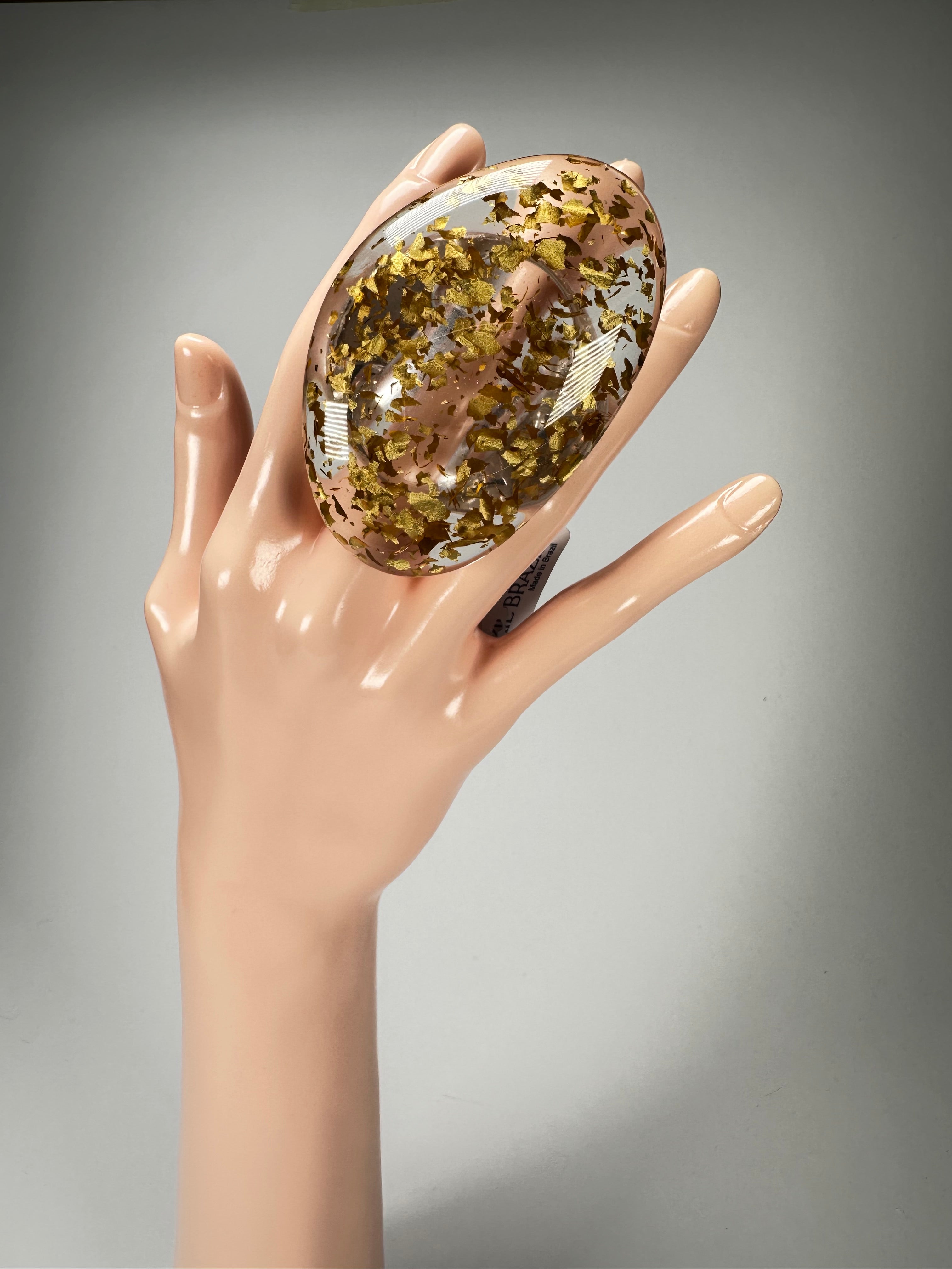 Jackie Brazil "Large Riverstone" Gold Flakes Flat Oval Ring ( R3625 ) Size UK-R / US-8.5