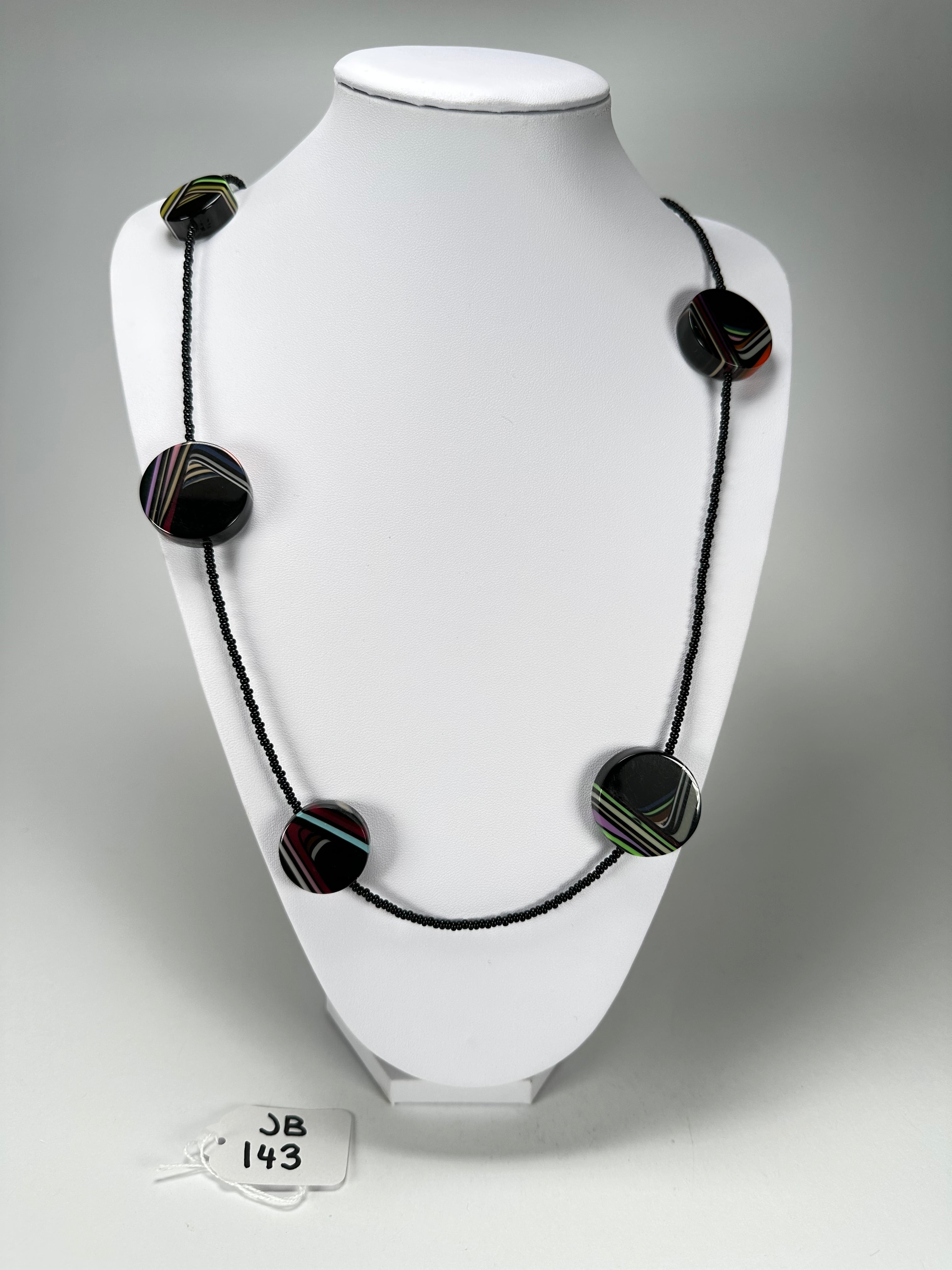 Jackie Brazil "Aida" Black Swirls Discs With Beads Long Resin Necklace ( N3150 )