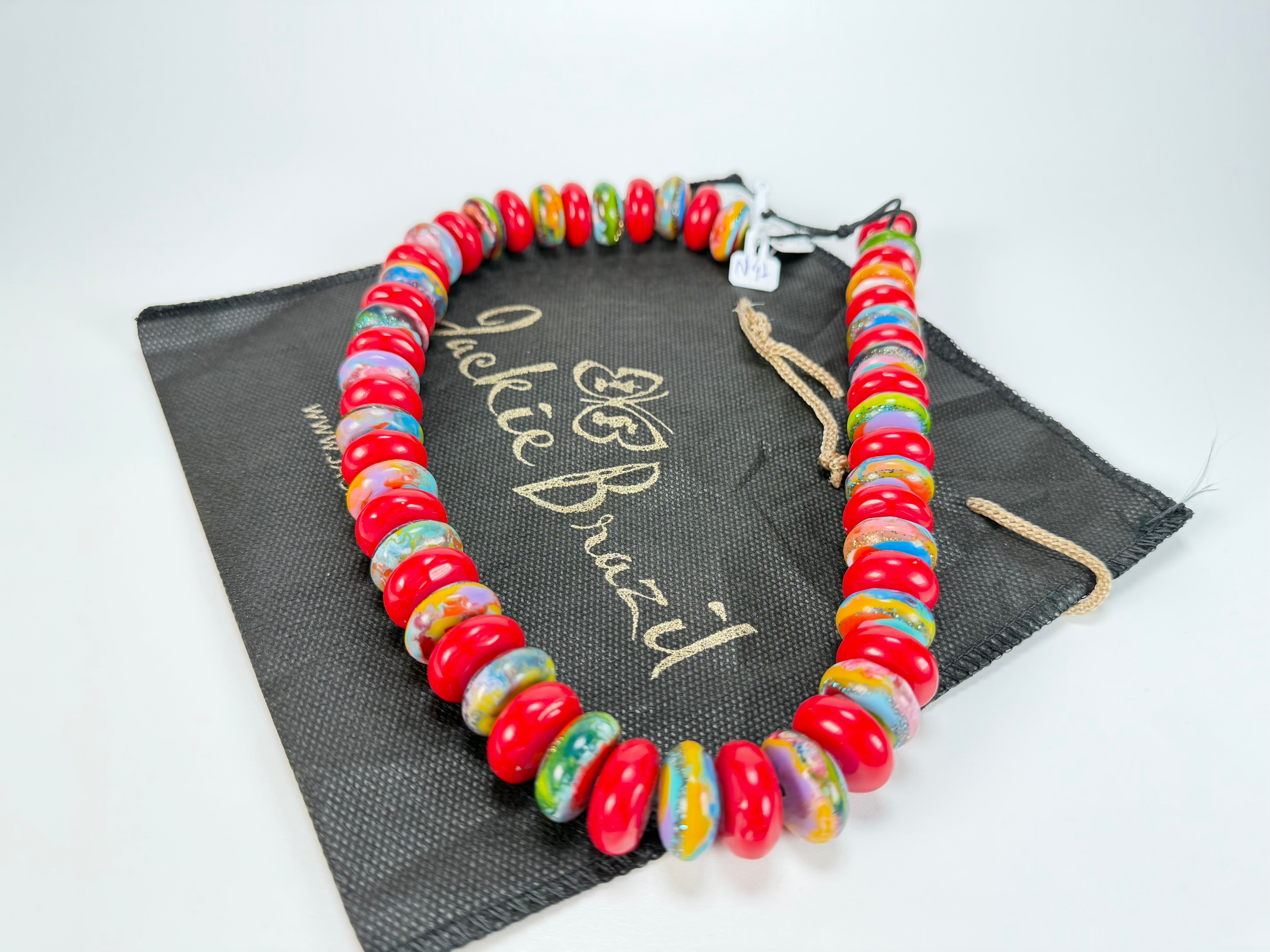Jackie Brazil "Bela" Red Gloss & Kandinsky Resin Mini Wheels 50cm Necklace ( N0041 )