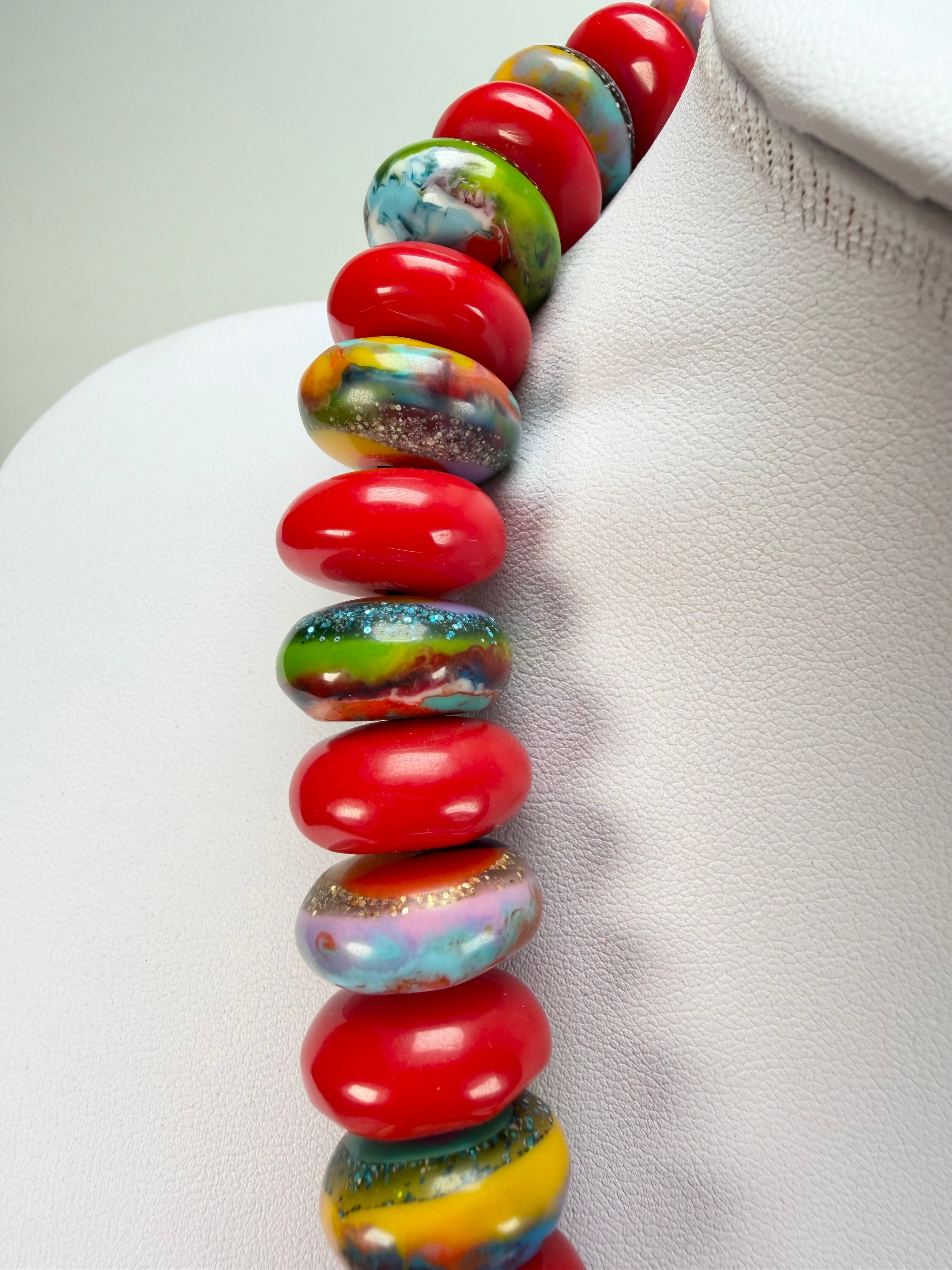 Jackie Brazil "Bela" Red Gloss & Kandinsky Resin Mini Wheels 50cm Necklace ( N0041 )
