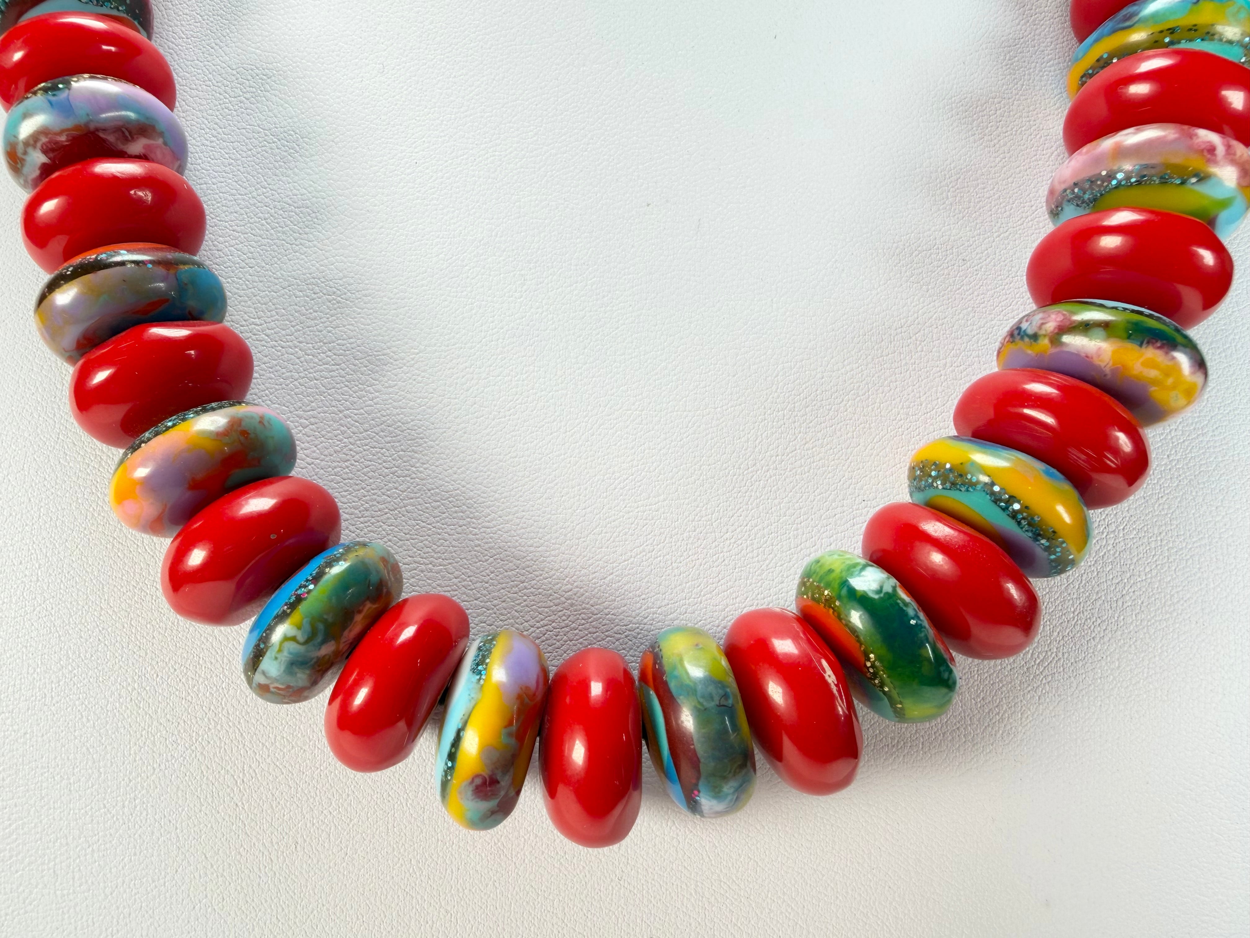 Jackie Brazil "Bela" Red Gloss & Kandinsky Resin Mini Wheels 50cm Necklace ( N0041 )