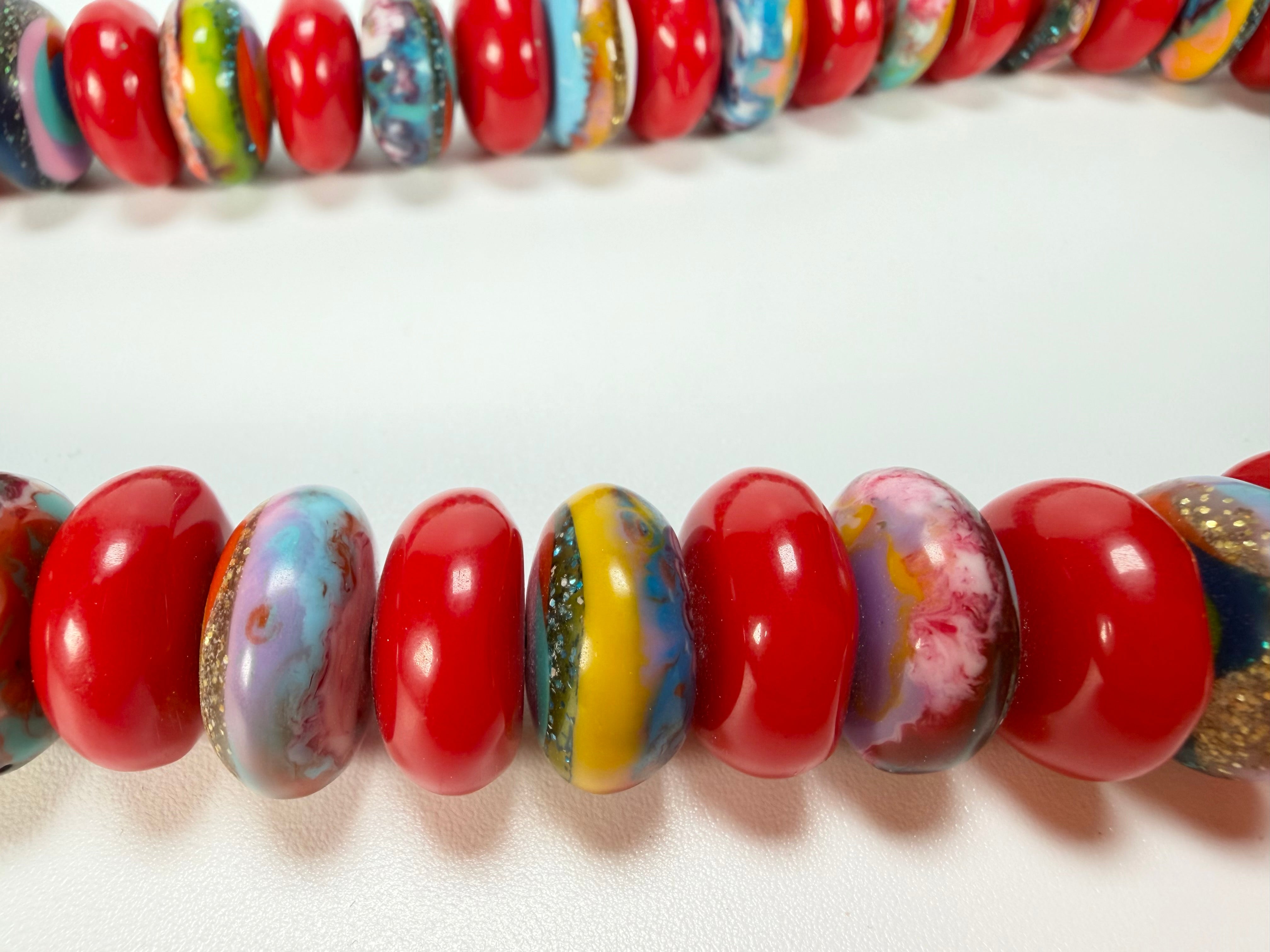 Jackie Brazil "Bela" Red Gloss & Kandinsky Resin Mini Wheels 50cm Necklace ( N0041 )