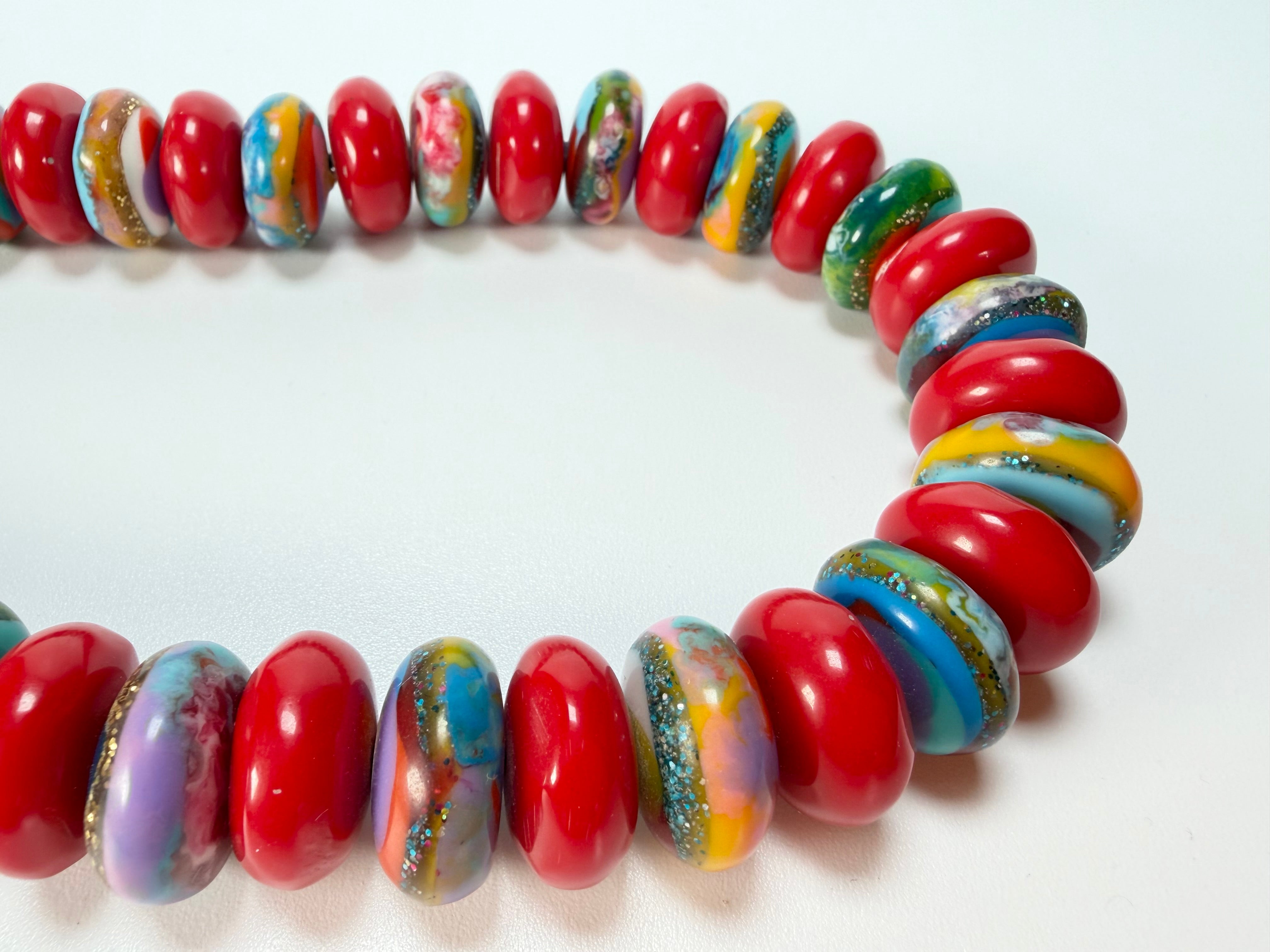 Jackie Brazil "Bela" Red Gloss & Kandinsky Resin Mini Wheels 50cm Necklace ( N0041 )