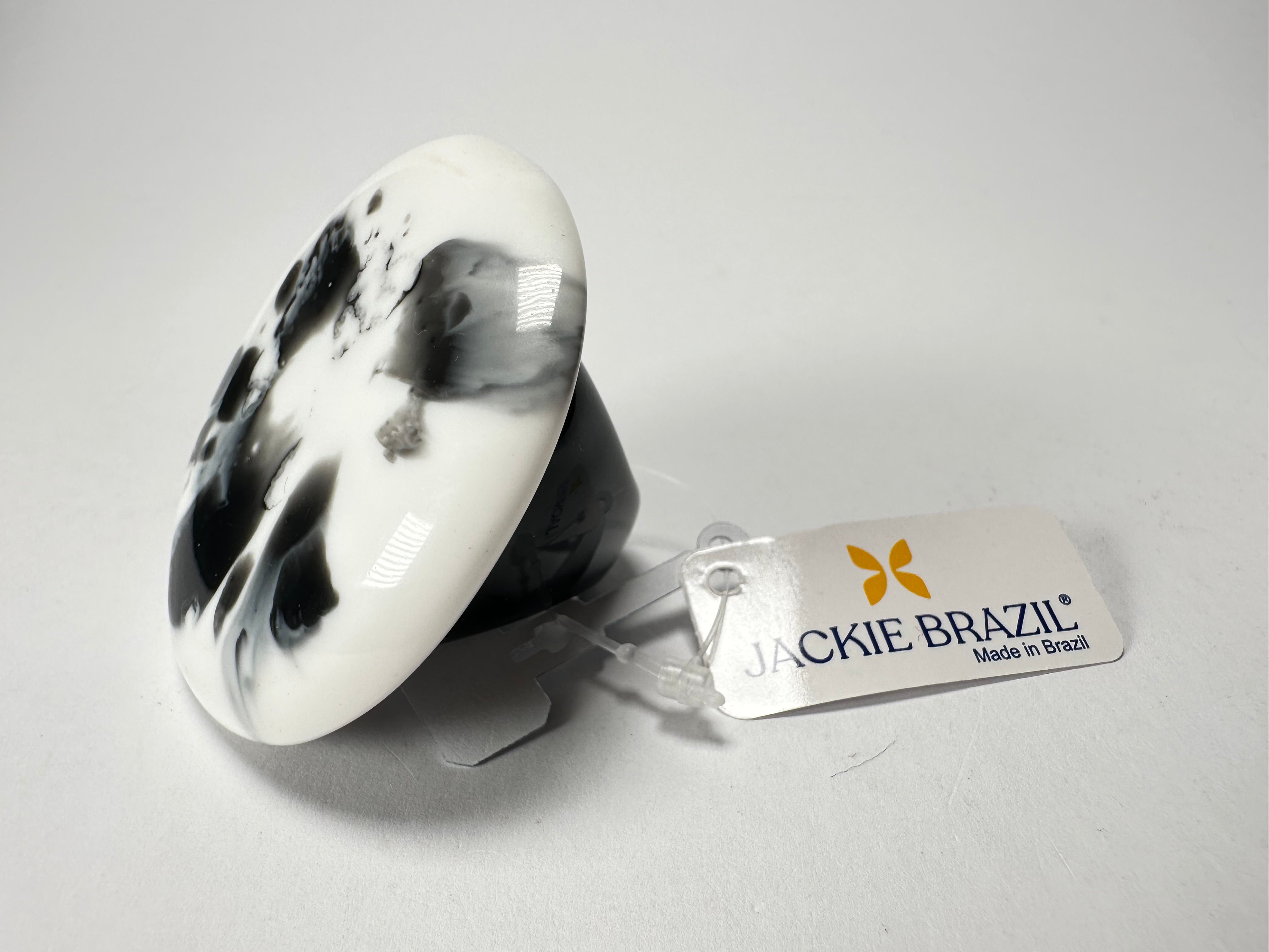 Jackie Brazil "Black & White Marble" Large Riverstone 40mm Ring ( R3605 ) Size UK - T / US-9