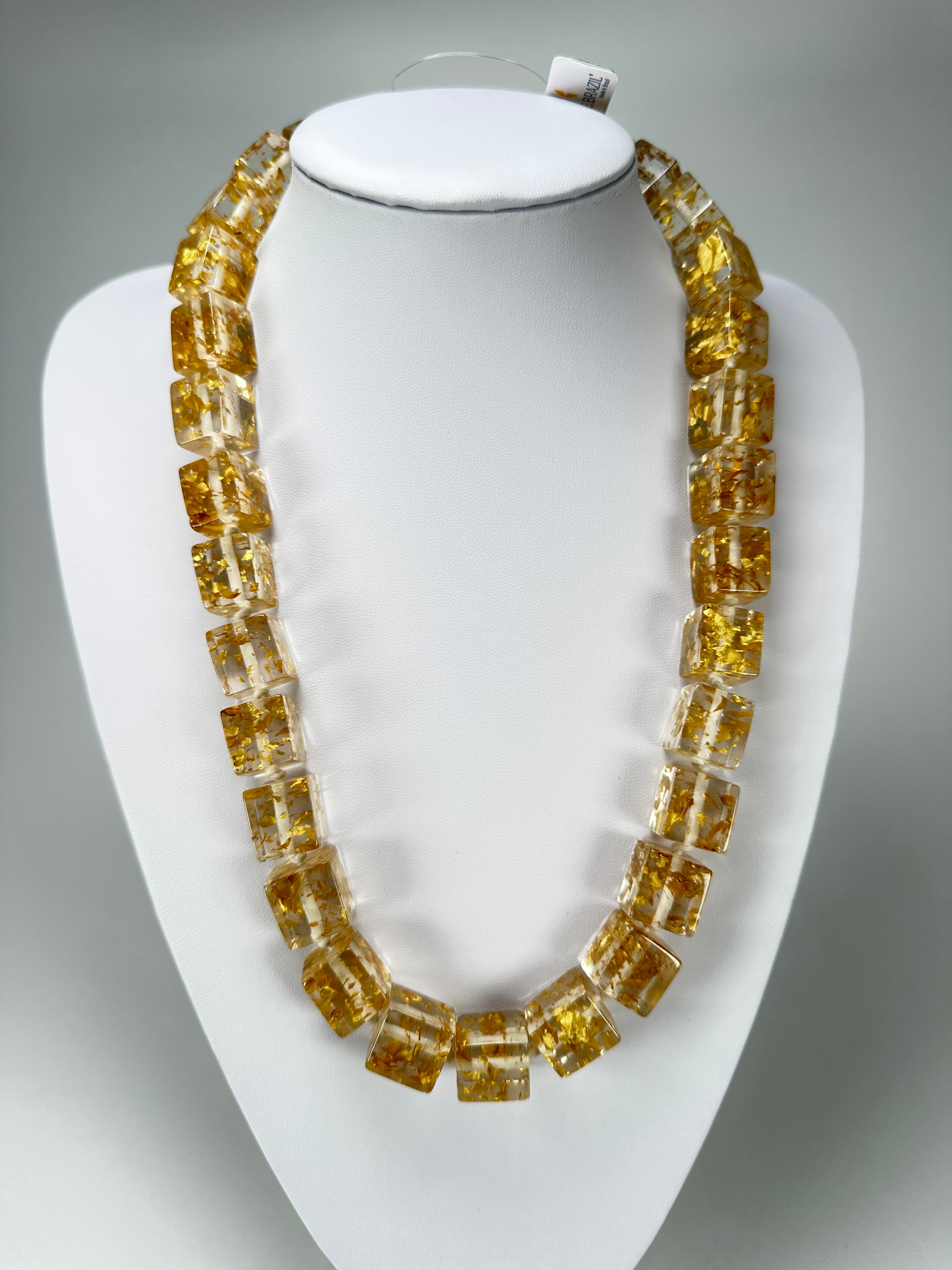 Jackie Brazil "POP" Gold Flakes Liquorice Small Cubes 65cm Necklace ( N0046 )