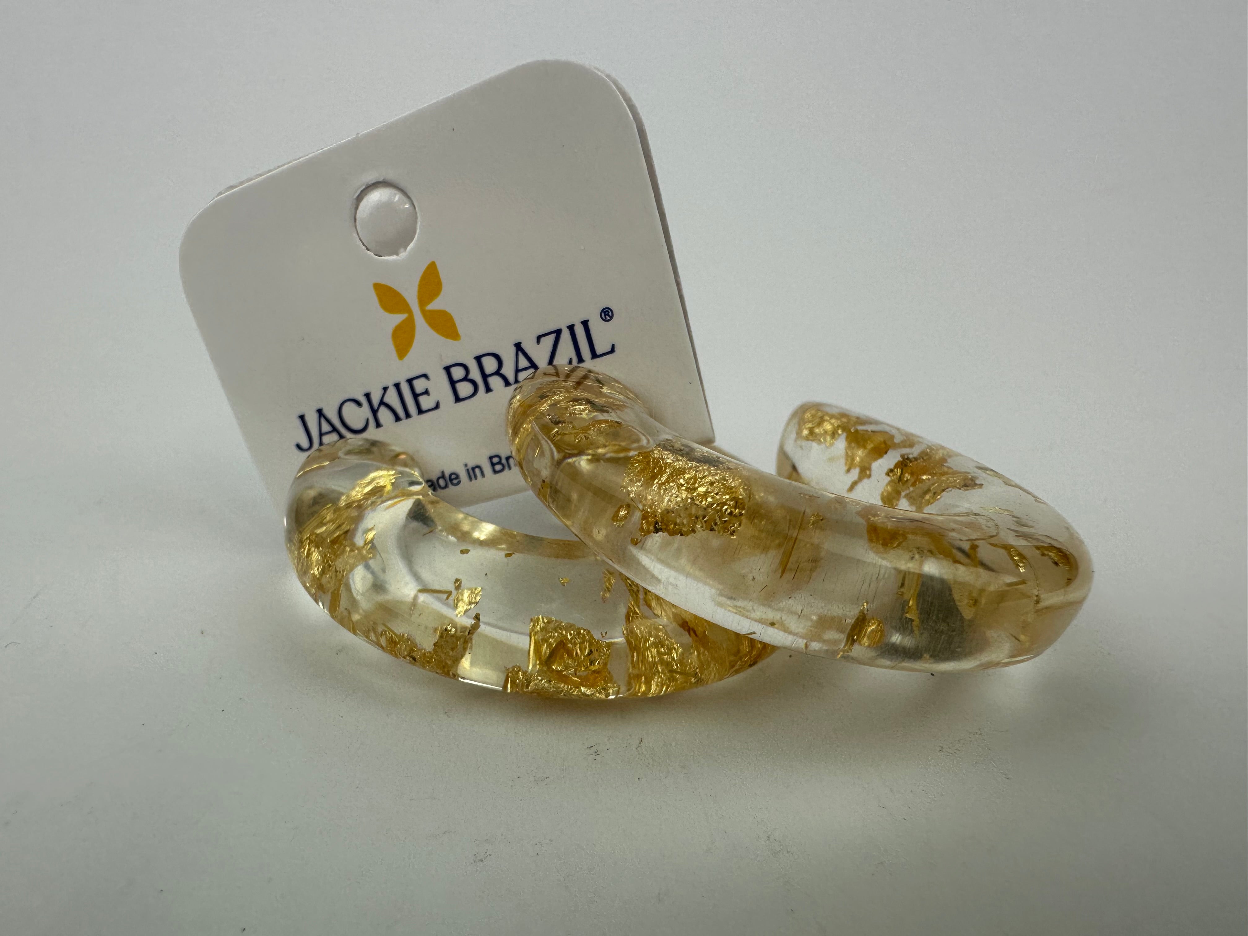 Jackie Brazil "Lucia" Gold Flakes Thick Half Hoop On Pin Resin Earrings ( E0035 )