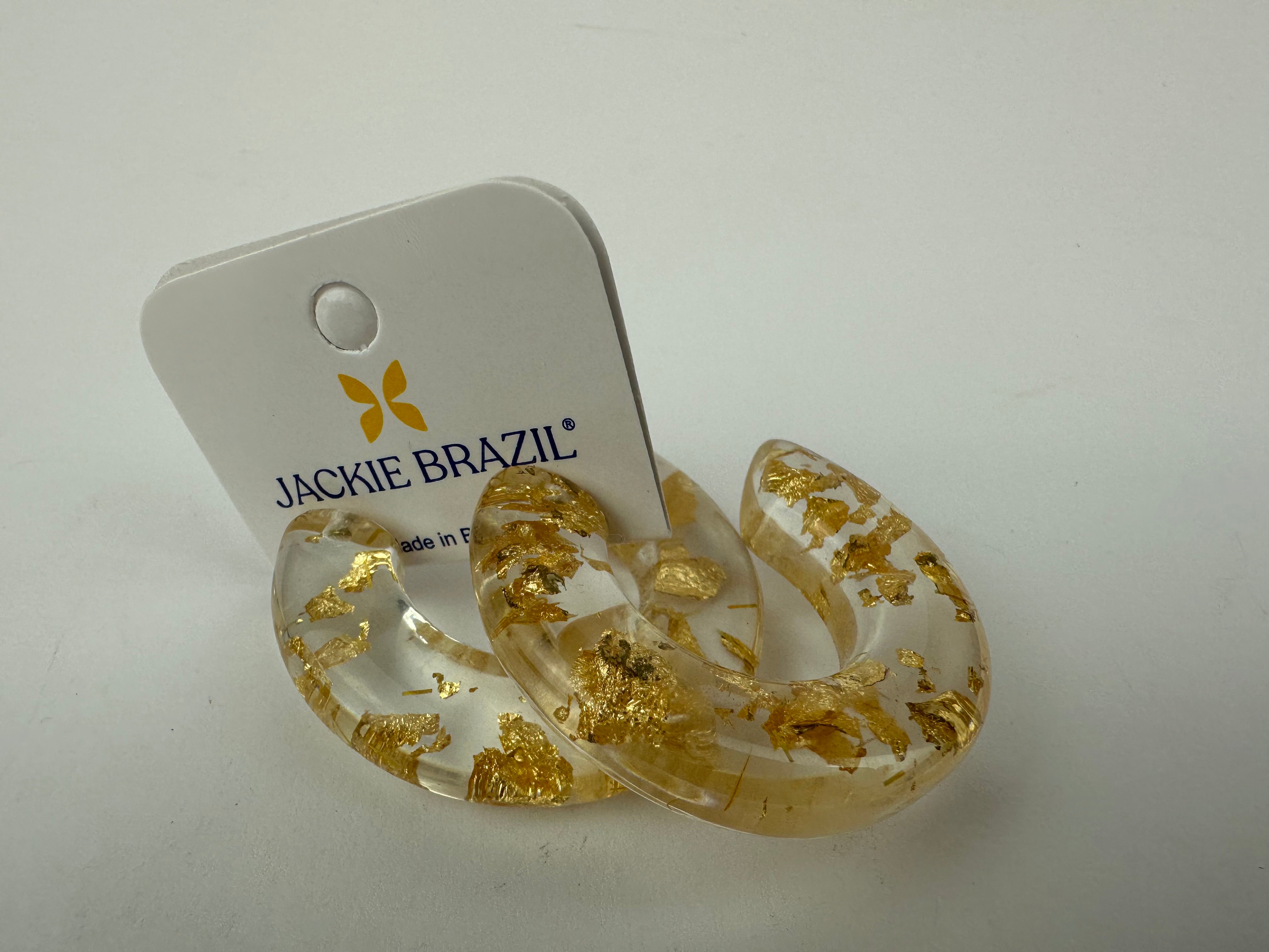 Jackie Brazil "Lucia" Gold Flakes Thick Half Hoop On Pin Resin Earrings ( E0035 )