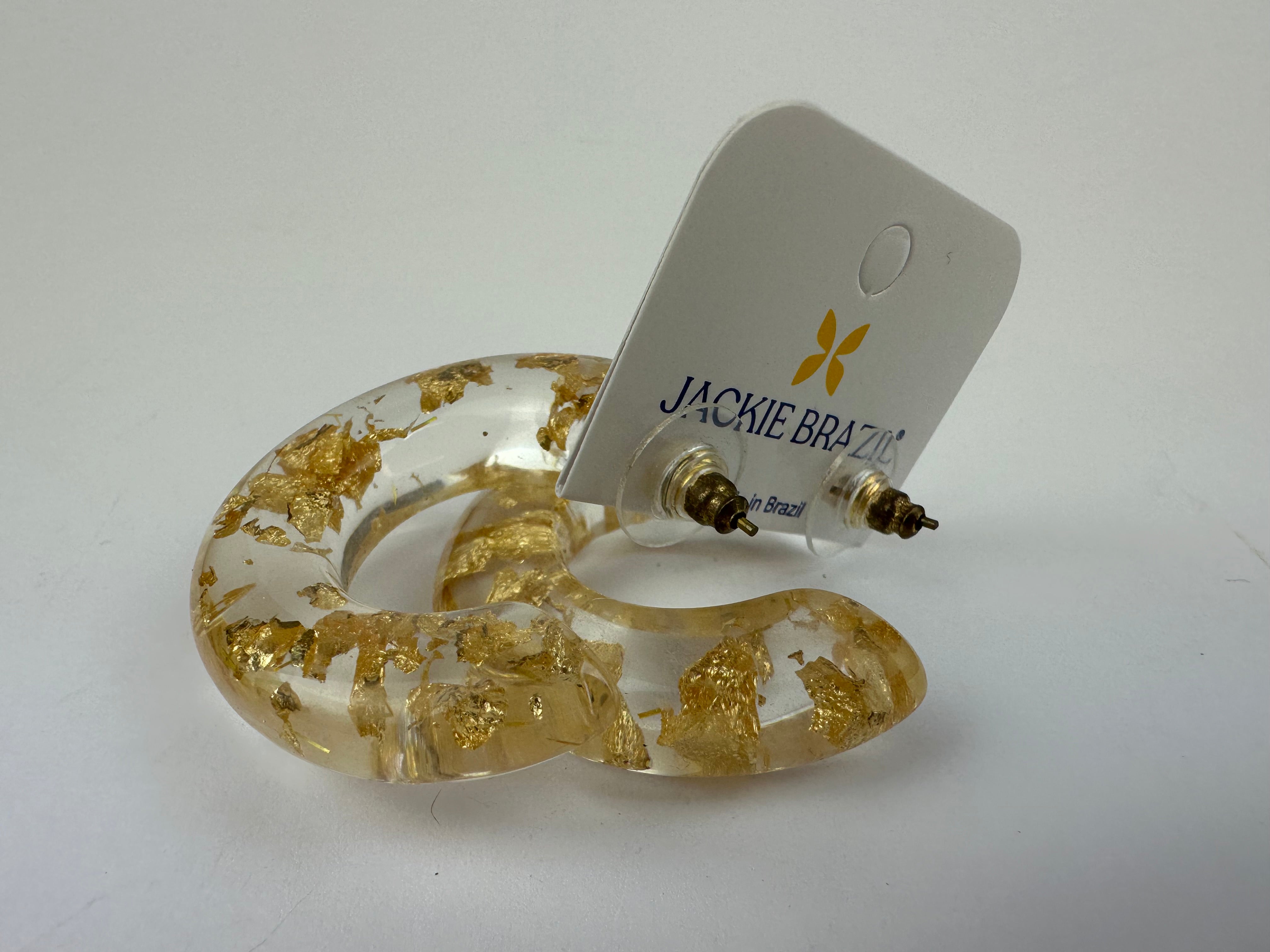 Jackie Brazil "Lucia" Gold Flakes Thick Half Hoop On Pin Resin Earrings ( E0035 )