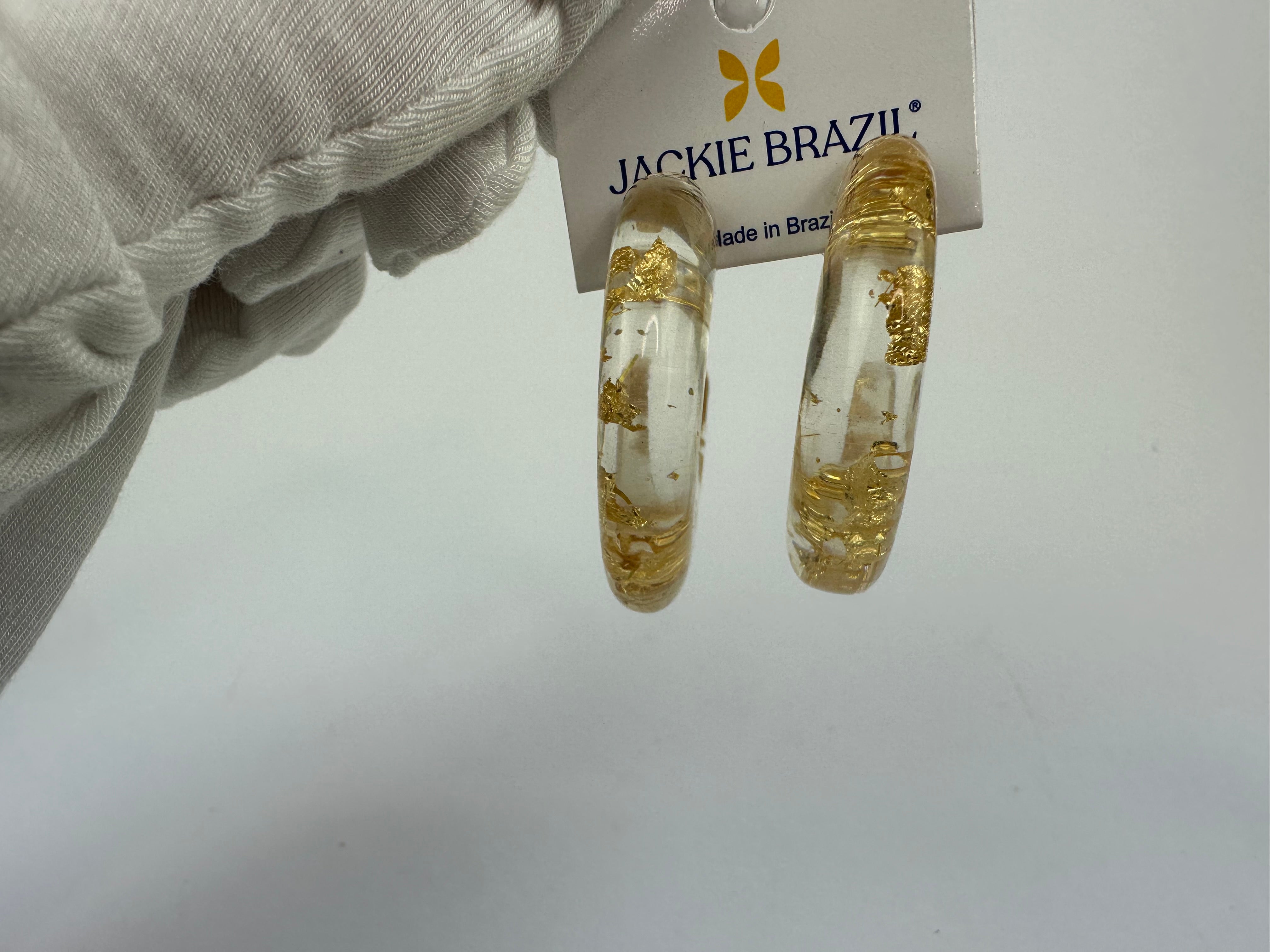 Jackie Brazil "Lucia" Gold Flakes Thick Half Hoop On Pin Resin Earrings ( E0035 )