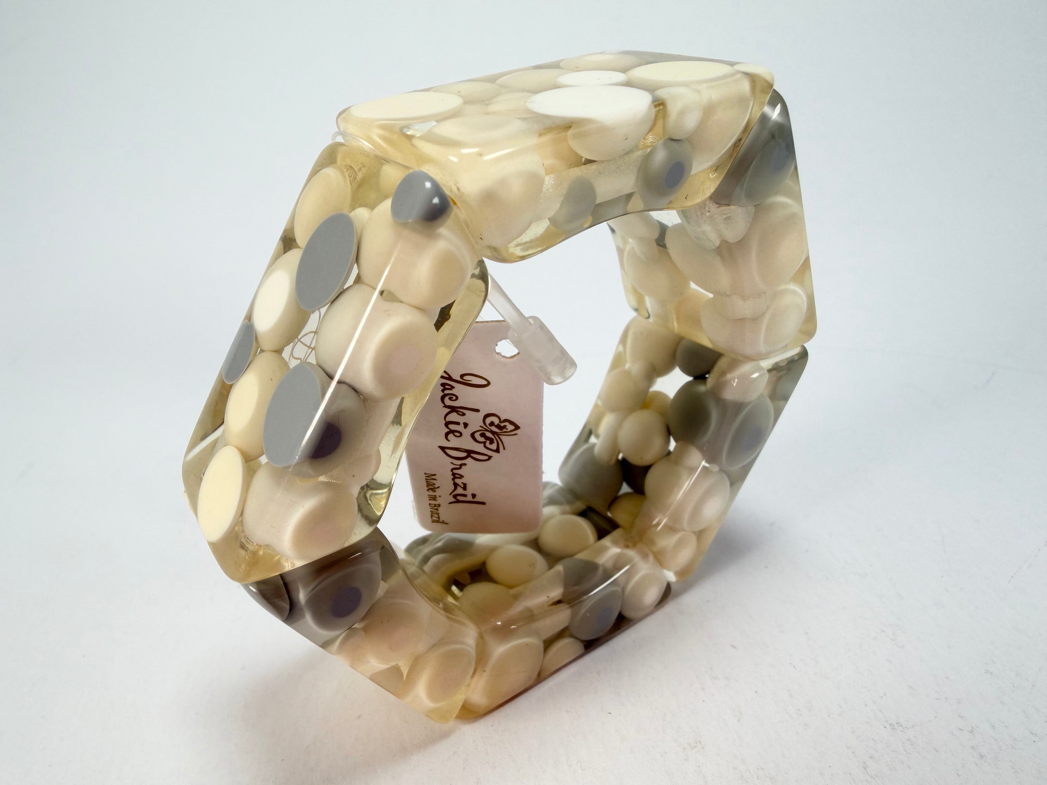 Jackie Brazil "Short Hex" Spotted Rectangles On Elastic Cream Mix Resin Bracelet ( B0000 ) Rare!