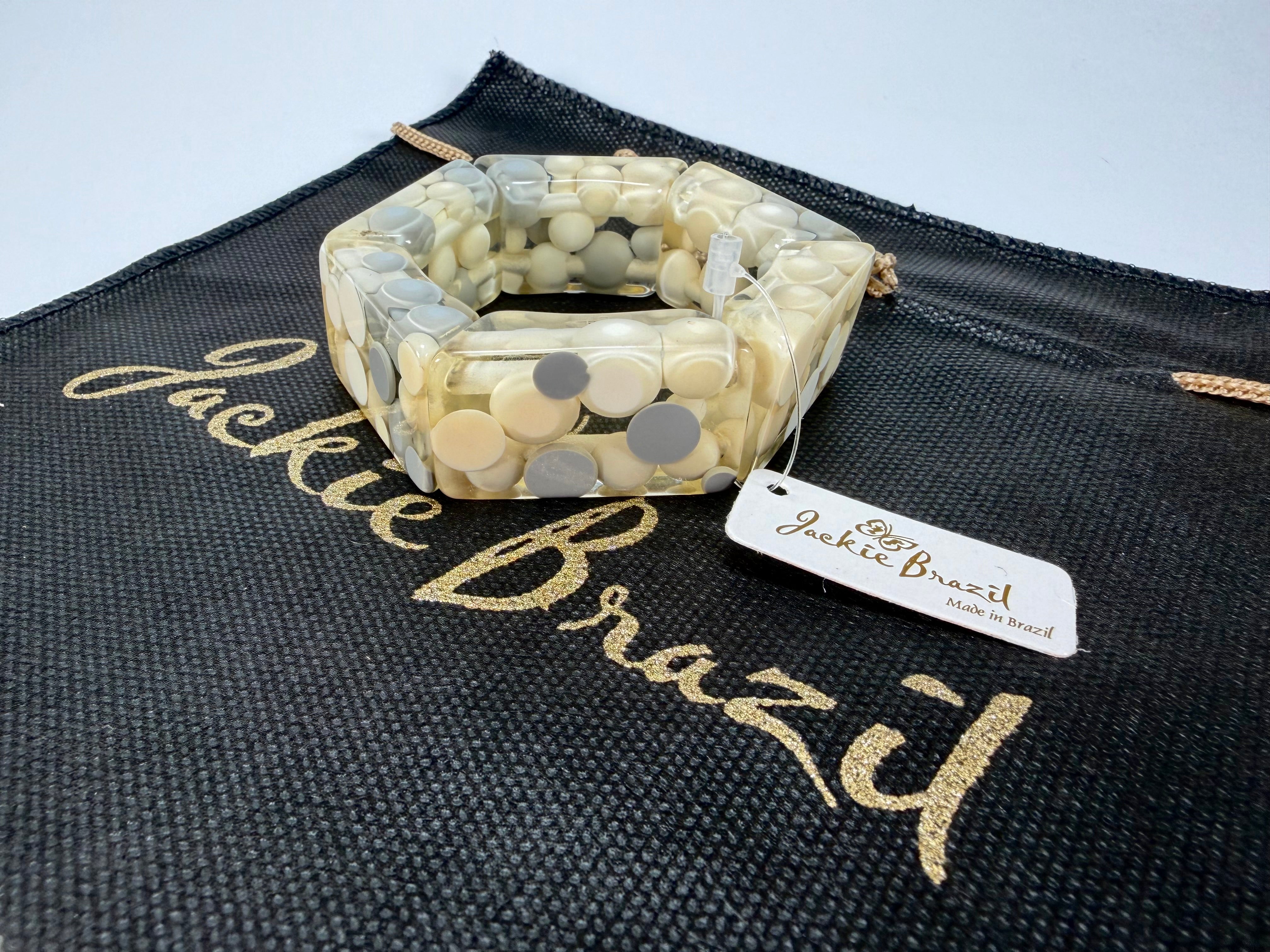 Jackie Brazil "Short Hex" Spotted Rectangles On Elastic Cream Mix Resin Bracelet ( B0000 ) Rare!