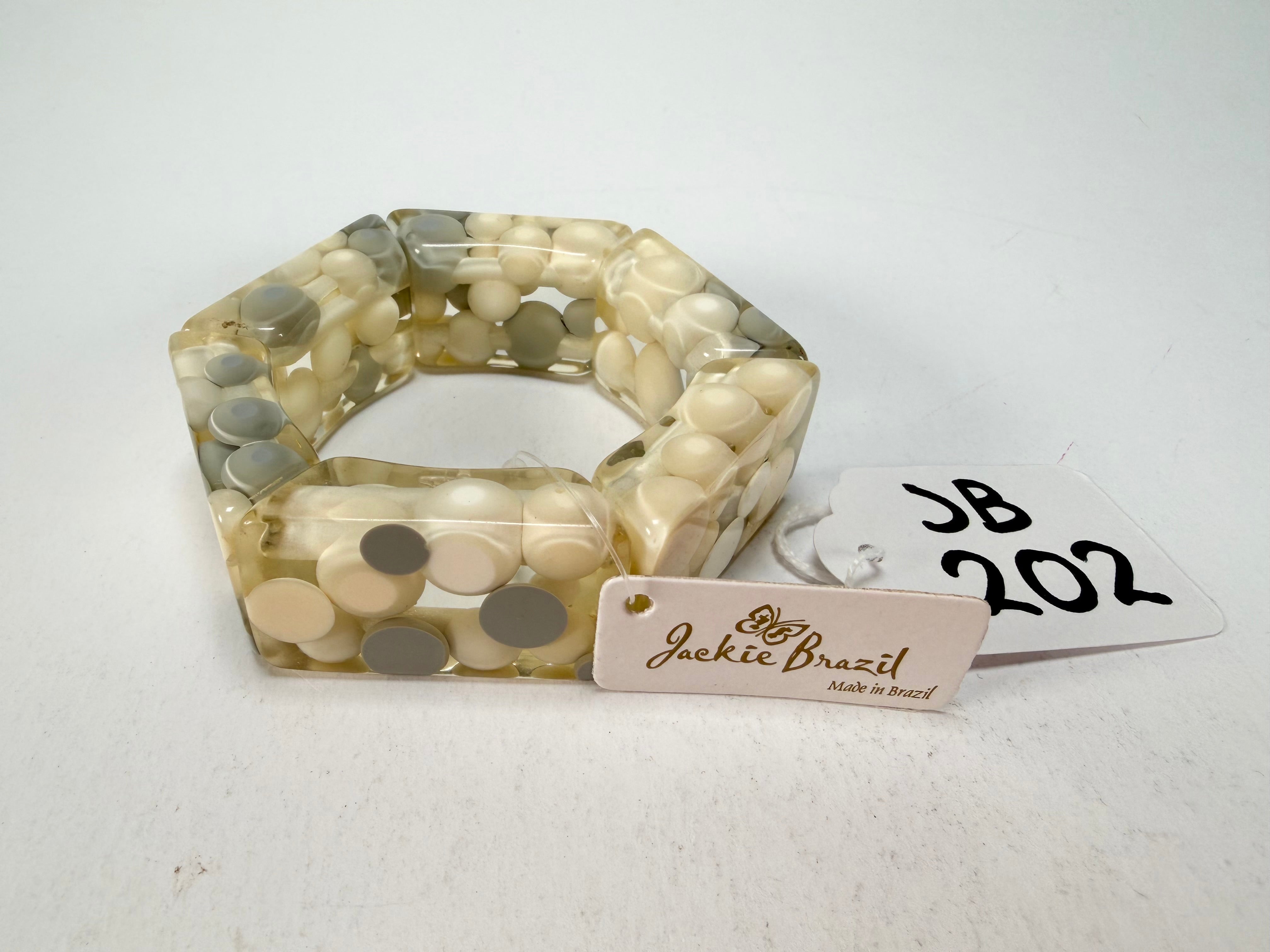 Jackie Brazil "Short Hex" Spotted Rectangles On Elastic Cream Mix Resin Bracelet ( B0000 ) Rare!