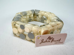 Jackie Brazil "Short Hex" Spotted Rectangles On Elastic Cream Mix Resin Bracelet ( B0000 ) Rare!