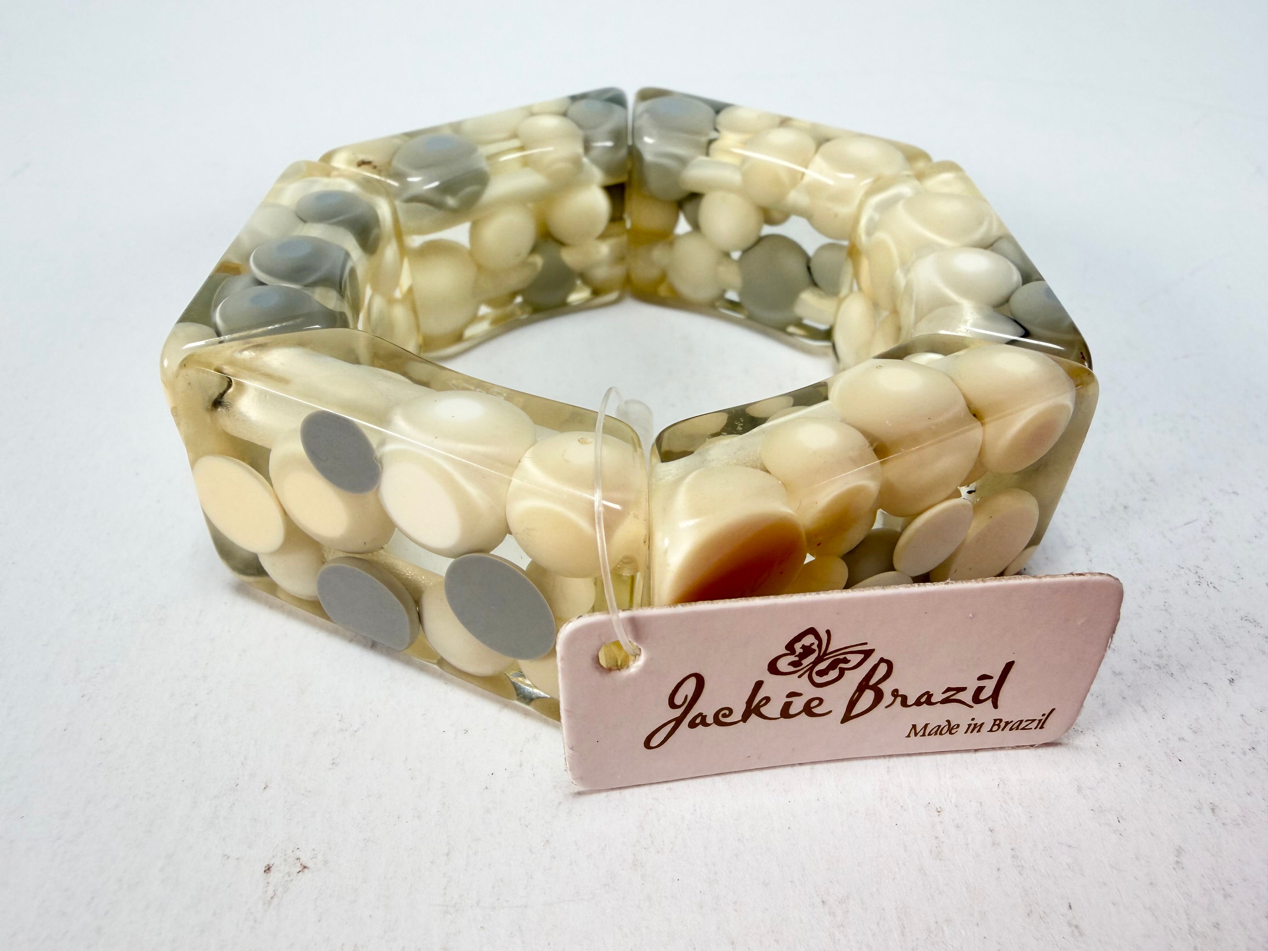 Jackie Brazil "Short Hex" Spotted Rectangles On Elastic Cream Mix Resin Bracelet ( B0000 ) Rare!