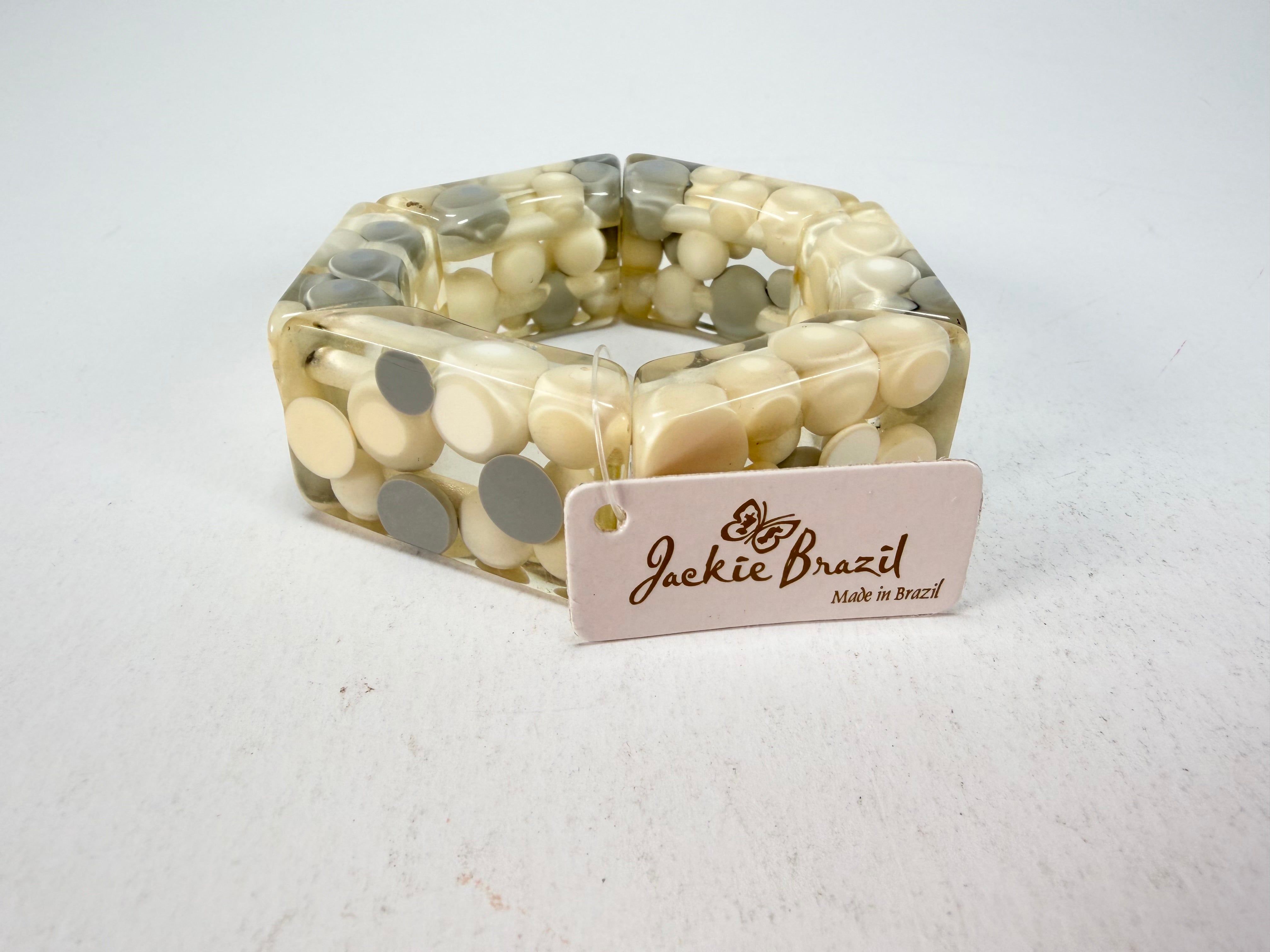 Jackie Brazil "Short Hex" Spotted Rectangles On Elastic Cream Mix Resin Bracelet ( B0000 ) Rare!