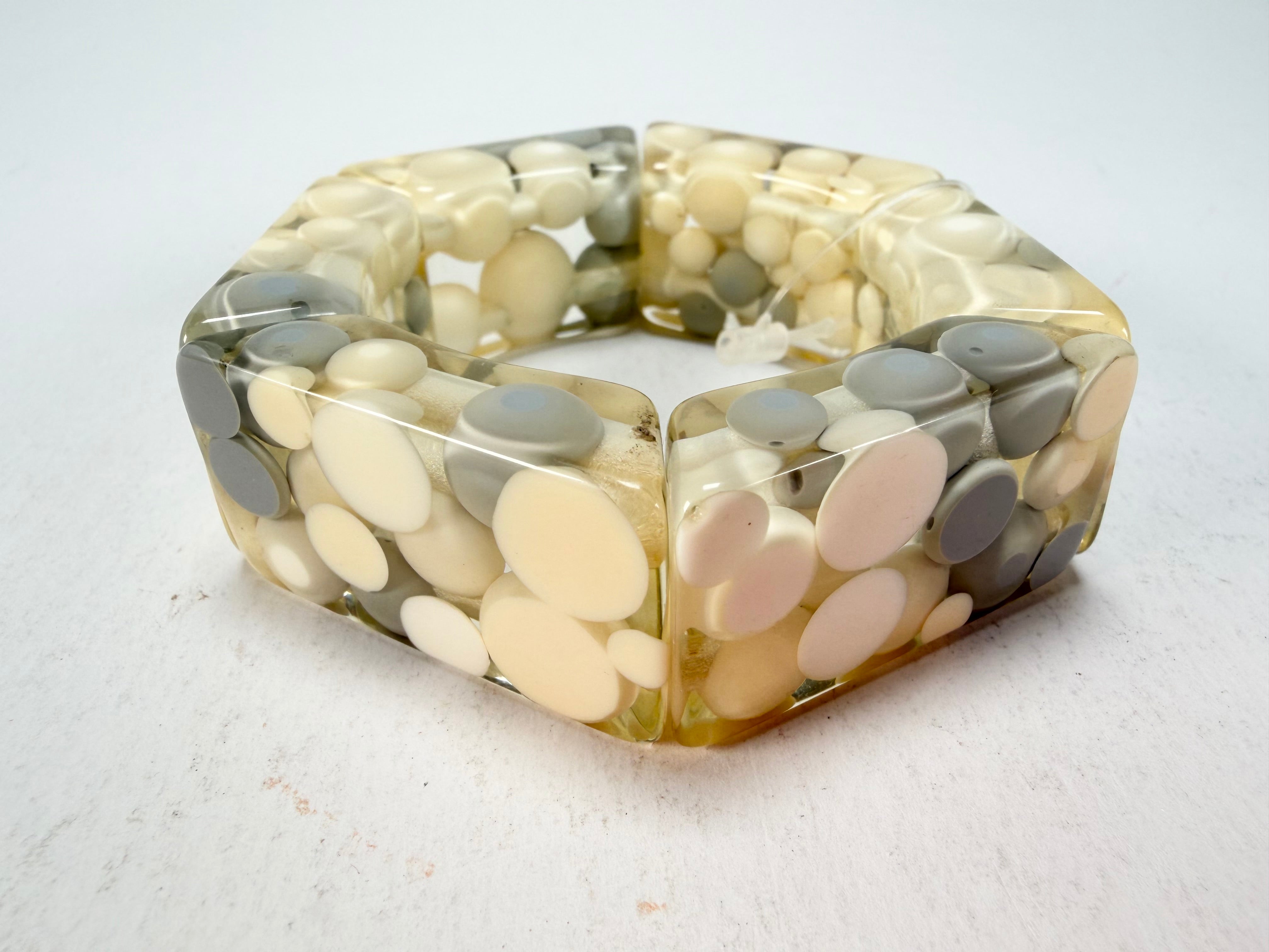 Jackie Brazil "Short Hex" Spotted Rectangles On Elastic Cream Mix Resin Bracelet ( B0000 ) Rare!