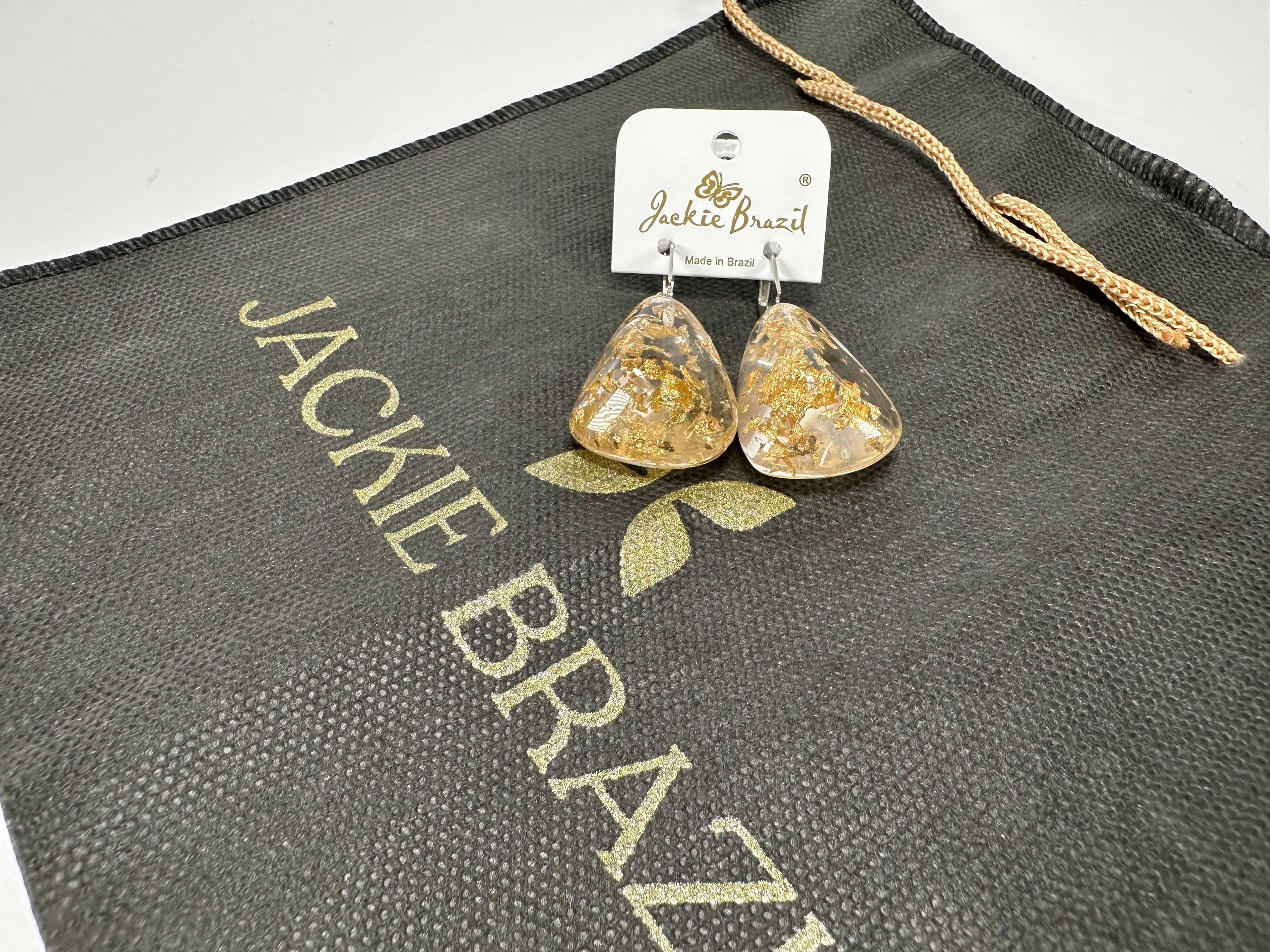 Jackie Brazil "Diamond" Gold Flakes Flinstone on Hook Resin Earrings ( E0700 )