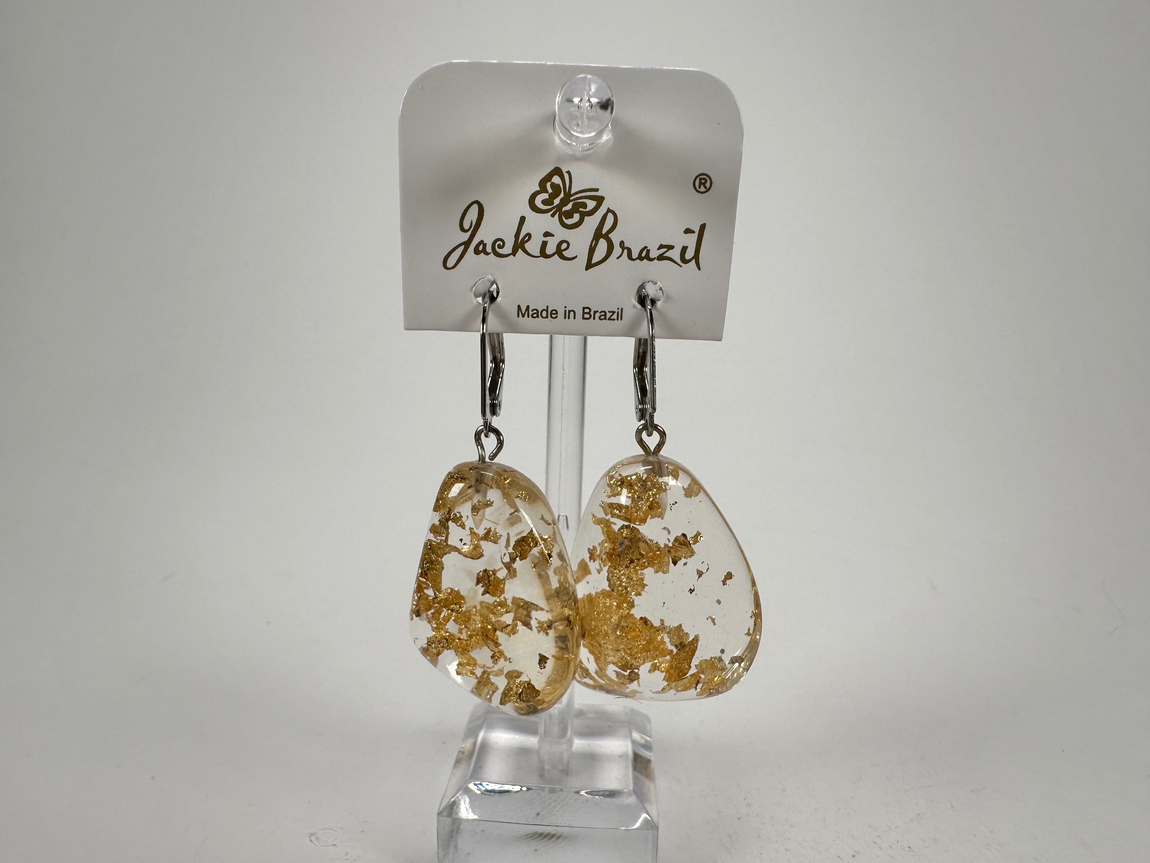 Jackie Brazil "Diamond" Gold Flakes Flinstone on Hook Resin Earrings ( E0700 )