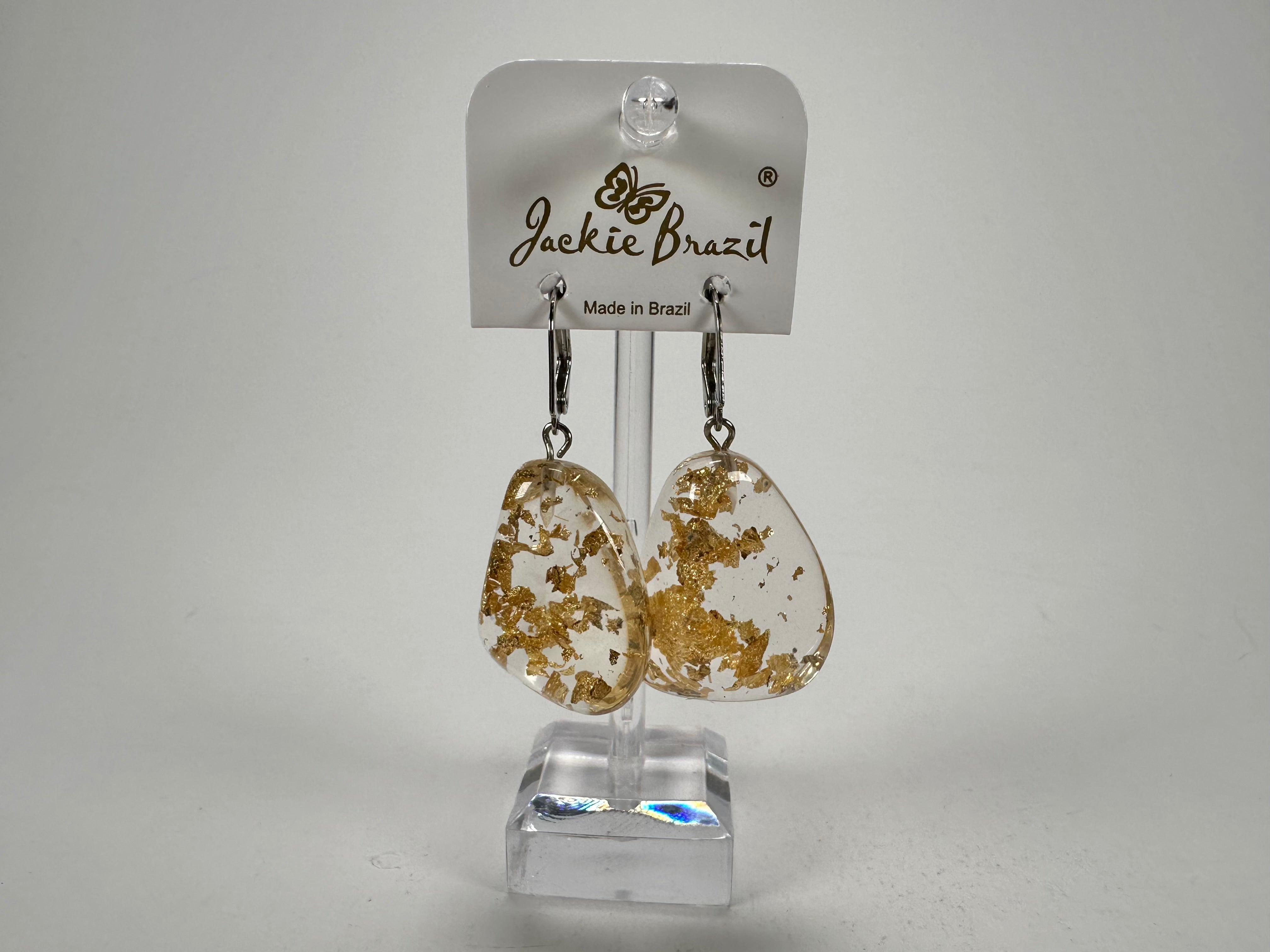 Jackie Brazil "Diamond" Gold Flakes Flinstone on Hook Resin Earrings ( E0700 )