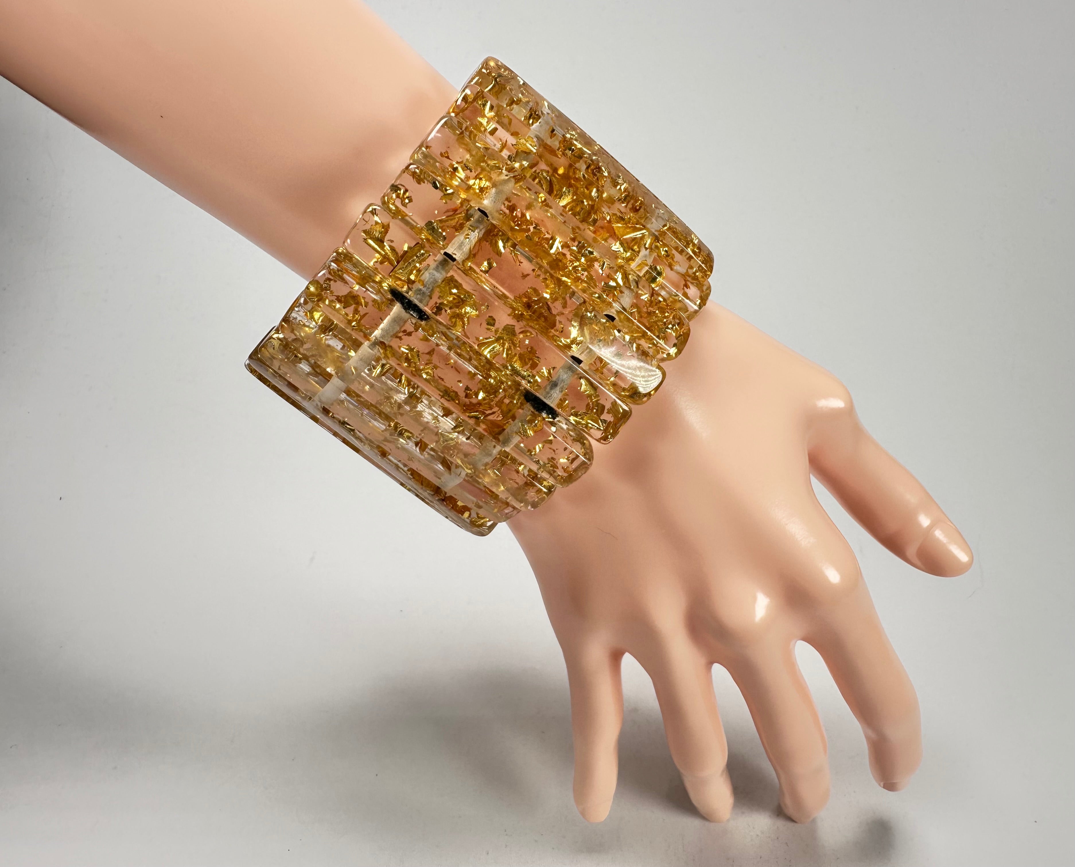 Jackie Brazil "Clarissa" Gold Flakes Thin Rectangles Elasticated Bracelet ( B2335 )
