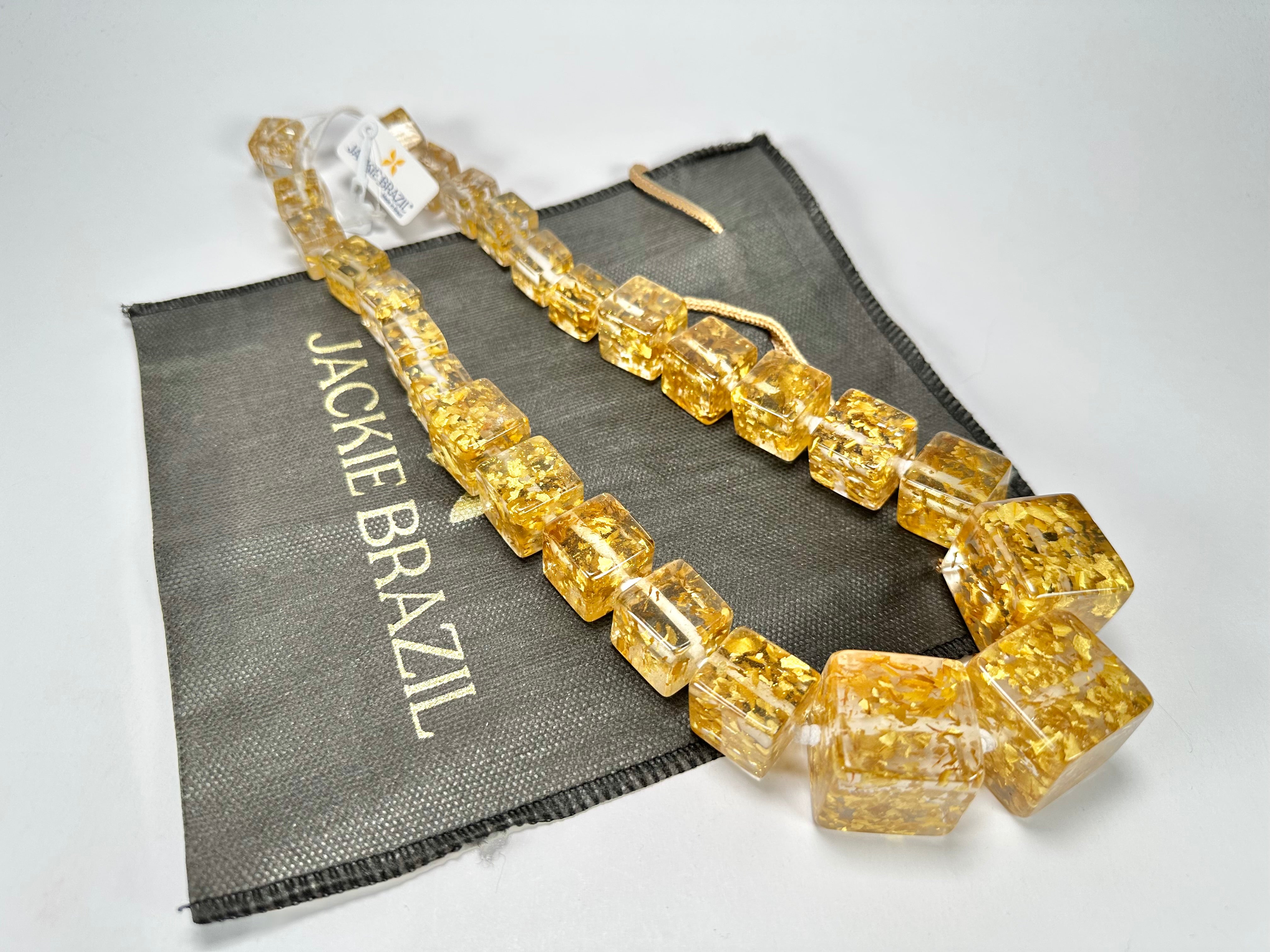 Jackie Brazil "Gold Flakes" Mix Size Liquorice Cubes Resin Necklace ( N3343 )