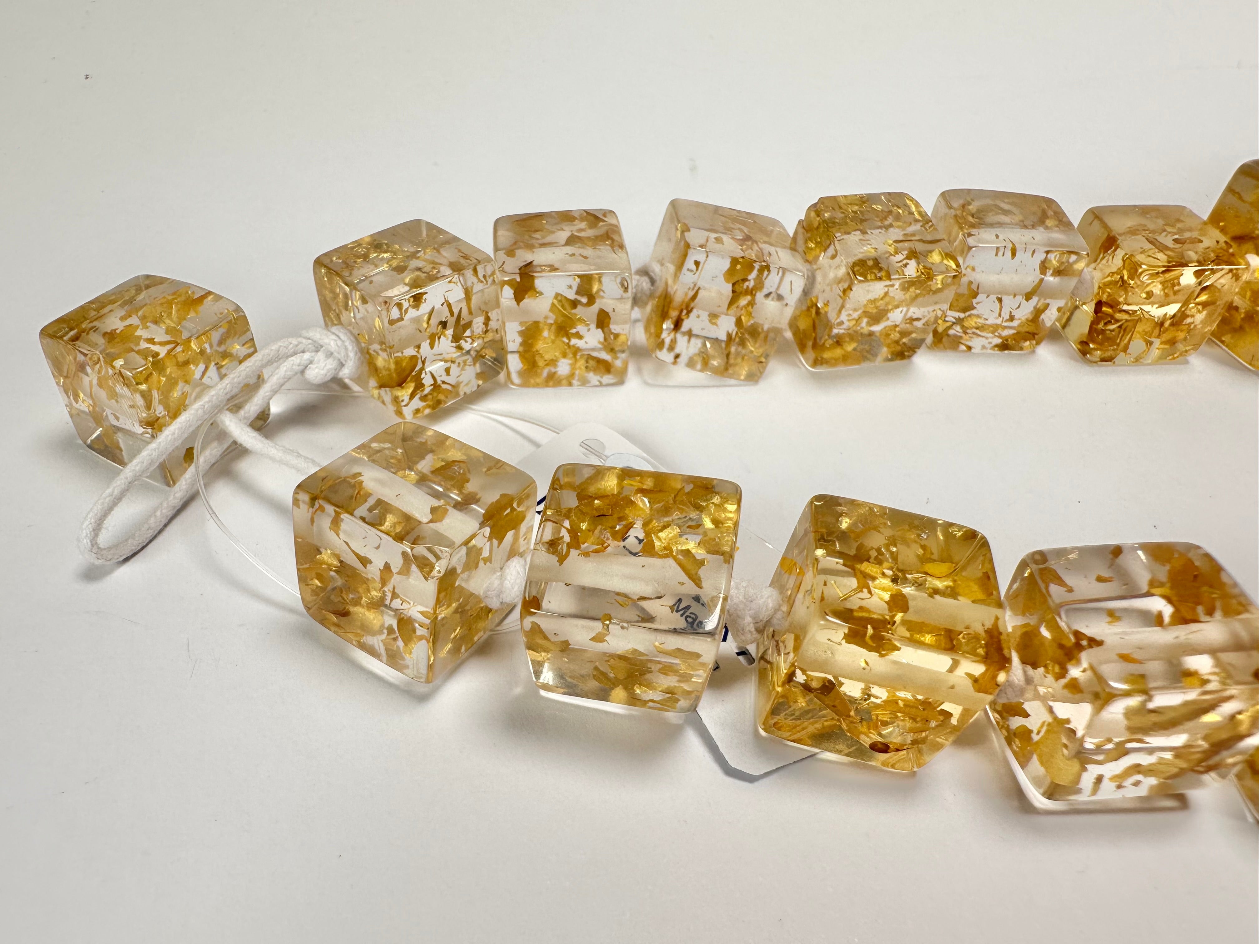 Jackie Brazil "Gold Flakes" Mix Size Liquorice Cubes Resin Necklace ( N3343 )