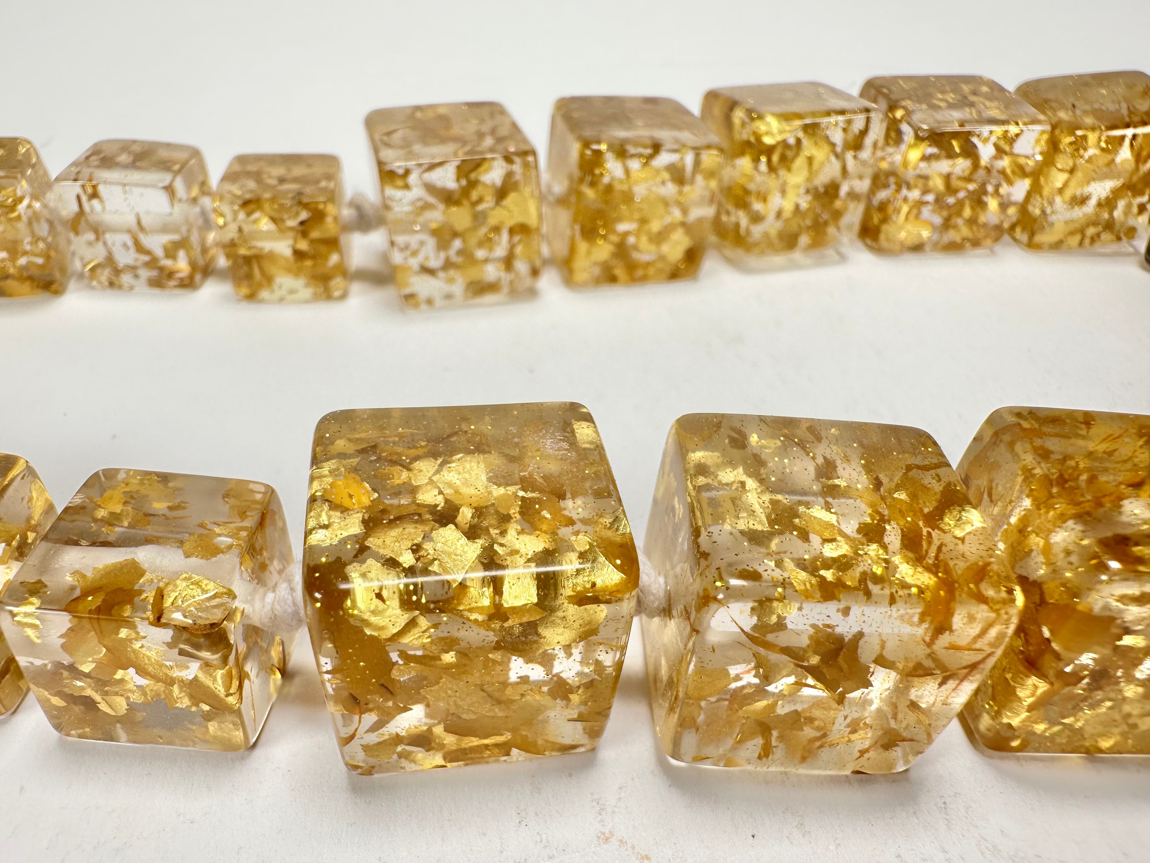 Jackie Brazil "Gold Flakes" Mix Size Liquorice Cubes Resin Necklace ( N3343 )