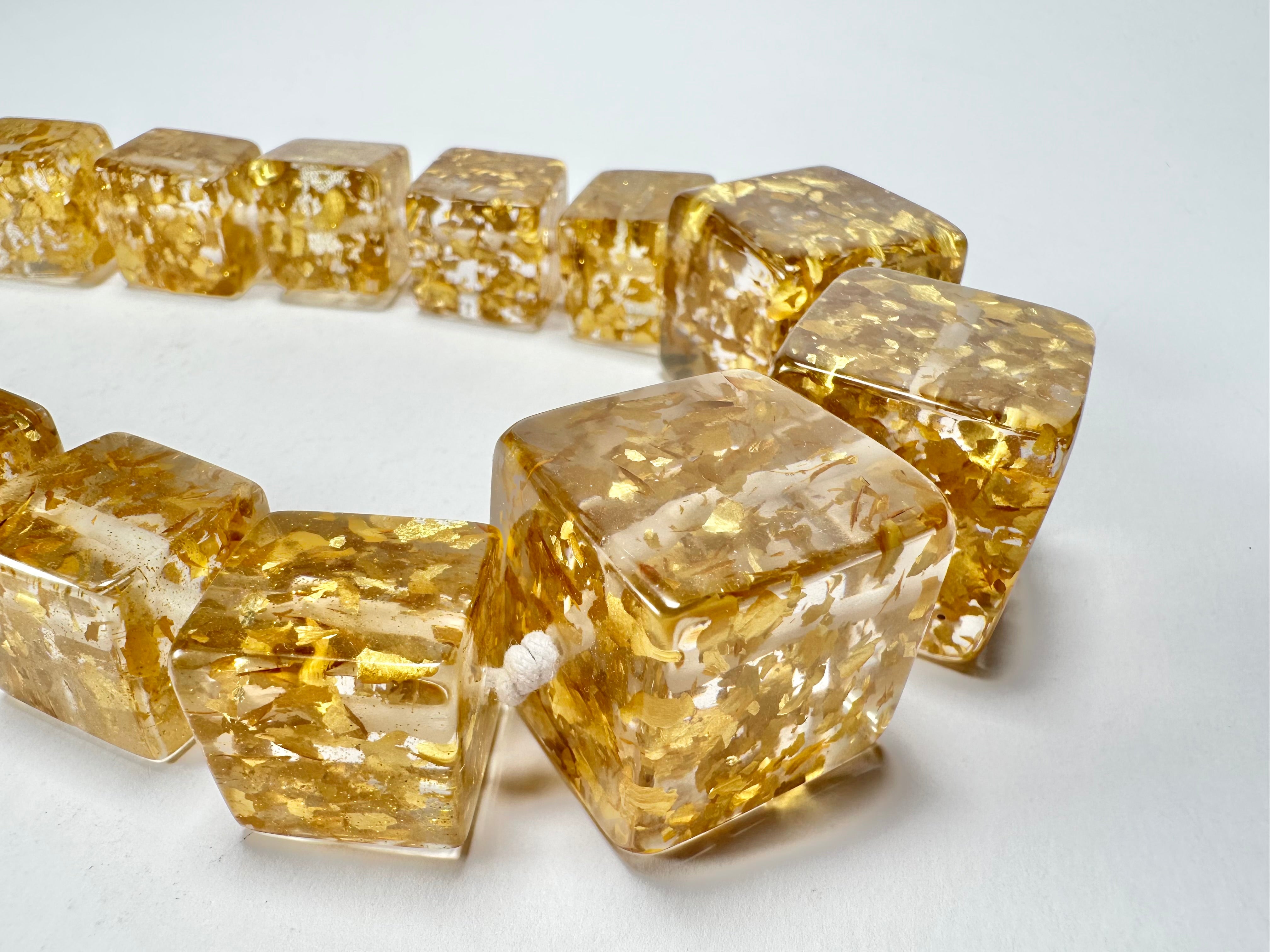Jackie Brazil "Gold Flakes" Mix Size Liquorice Cubes Resin Necklace ( N3343 )