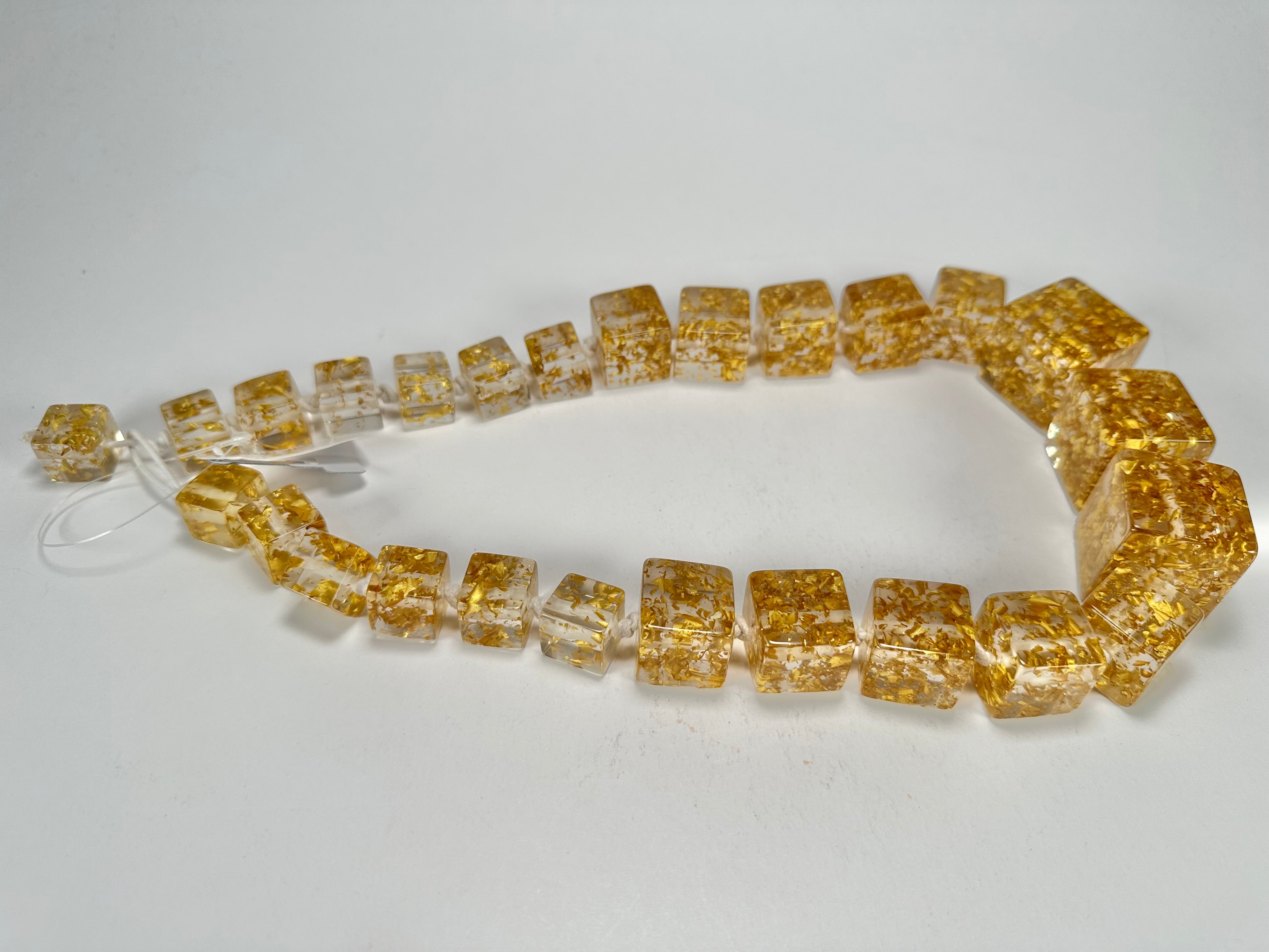 Jackie Brazil "Gold Flakes" Mix Size Liquorice Cubes Resin Necklace ( N3343 )