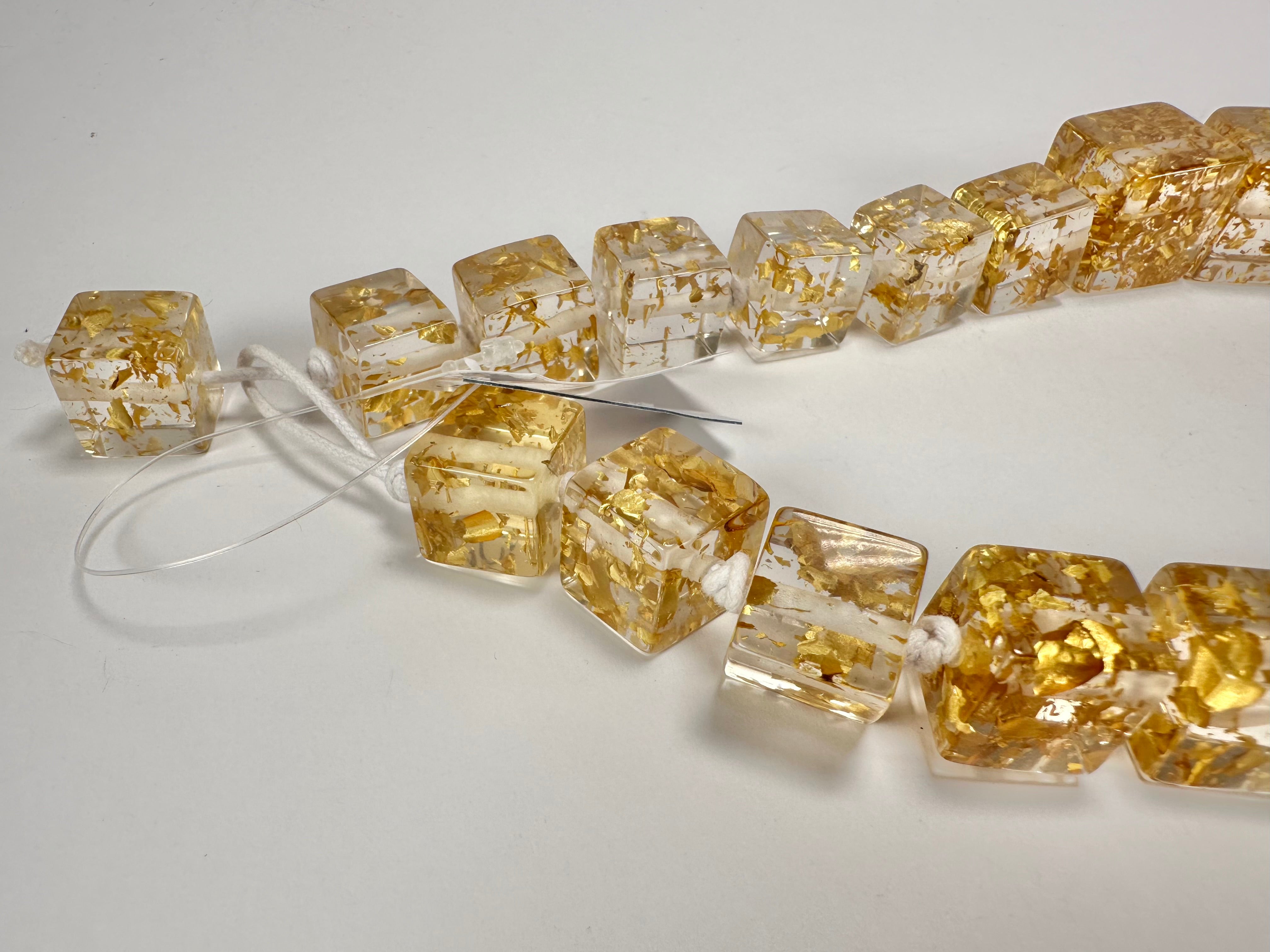 Jackie Brazil "Gold Flakes" Mix Size Liquorice Cubes Resin Necklace ( N3343 )