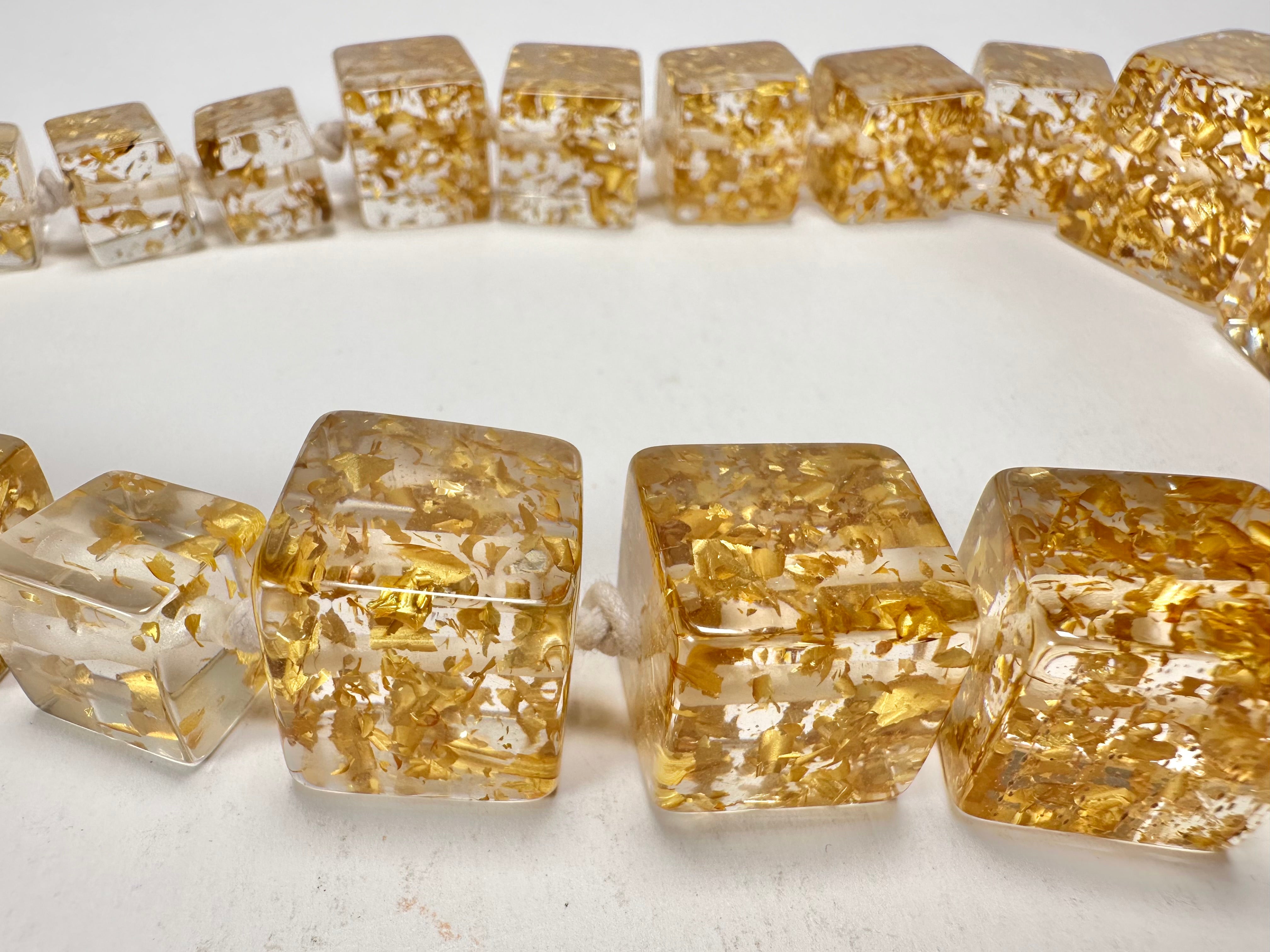 Jackie Brazil "Gold Flakes" Mix Size Liquorice Cubes Resin Necklace ( N3343 )